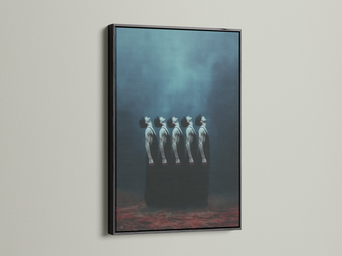The surreal figures canvas print is presented in a black frame. This striking artwork creates a bold statement. The ethereal human form adds depth to this conceptual art. Ideal for creating a dark academia aesthetic.