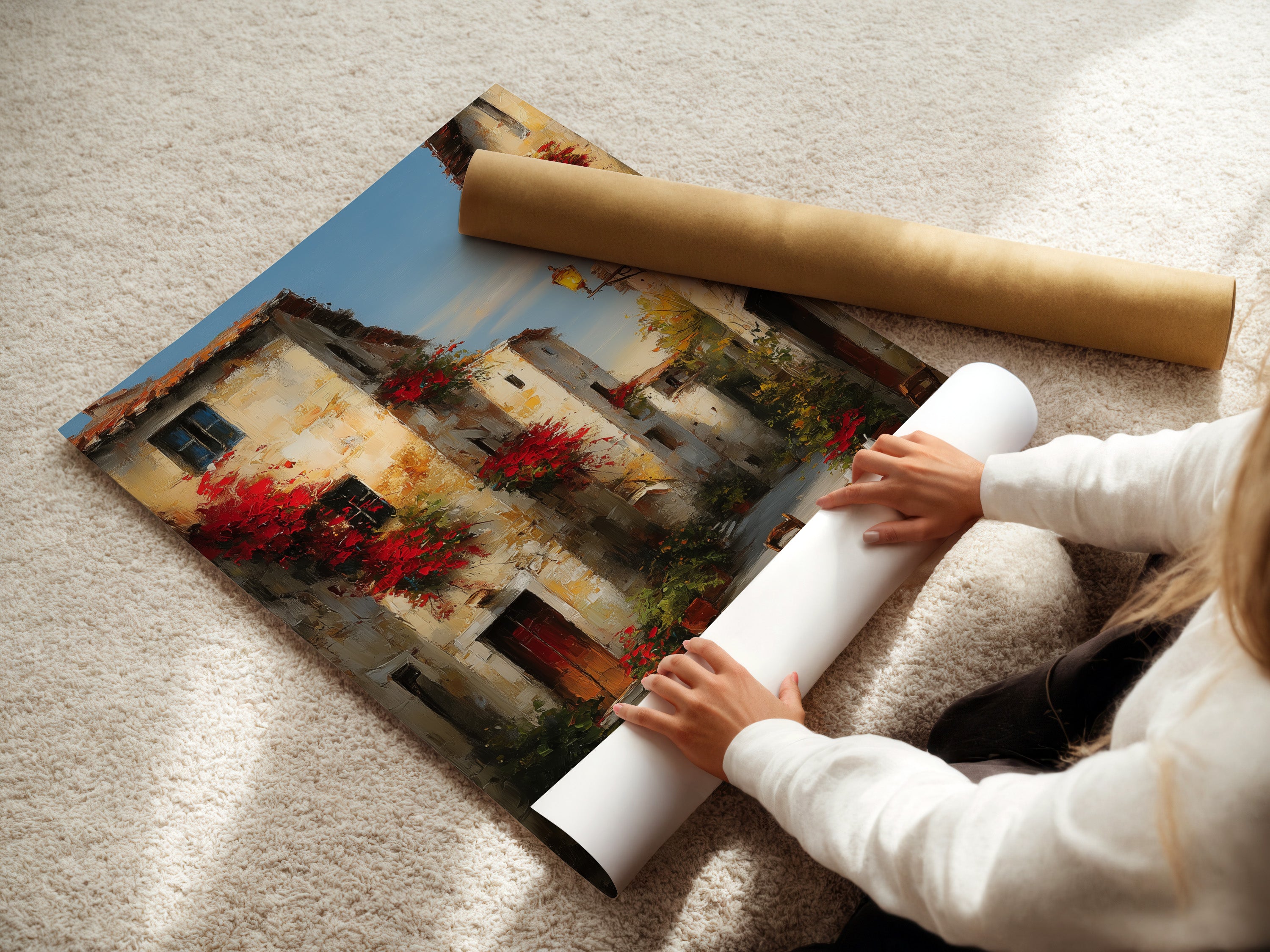 Woman carefully rolling a fine art poster paper. The poster paper features a stunning artwork. The artwork captures a beautiful street scene. Preserving art for display or storage. High quality fine art paper. Perfect for art enthusiasts and collectors.