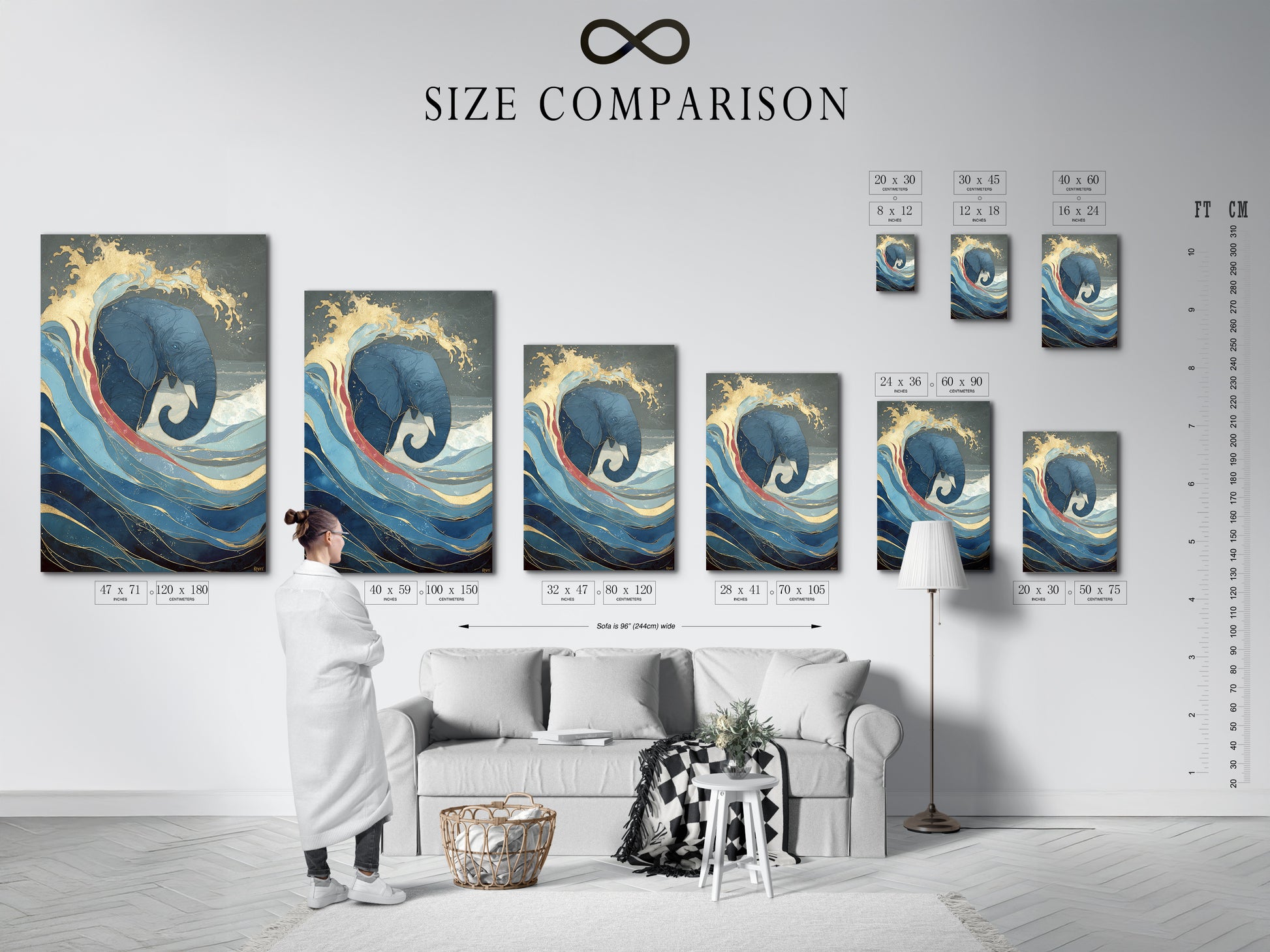 A size comparison chart is displayed in a stylish interior setting. This chart helps you visualize the different sizes of the elephant and wave artwork. Choose the perfect size for your living room bedroom or office wall decor needs.
