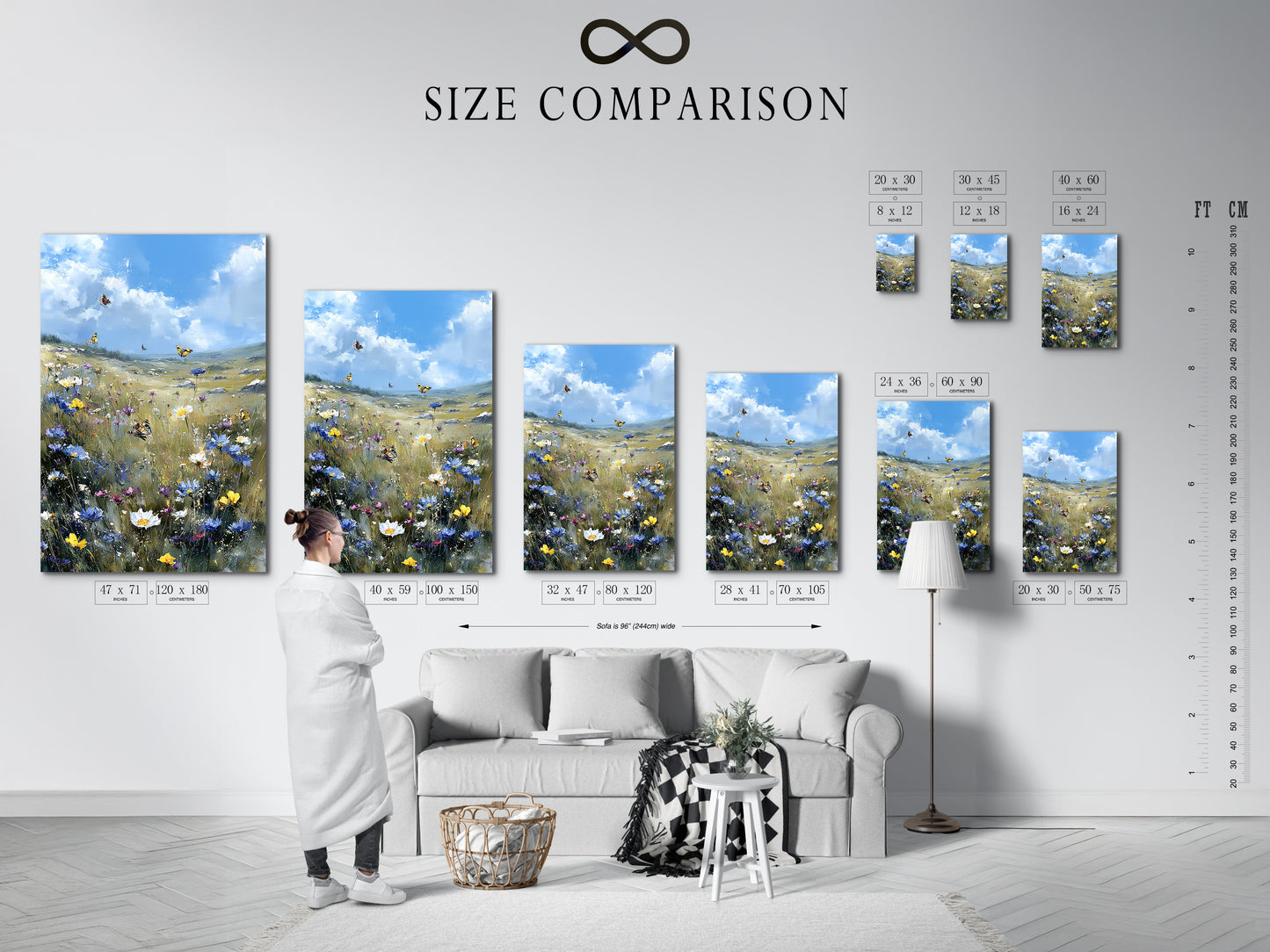 This size comparison chart shows the Wildflower Meadow art. It is displayed in an interior setting. See the different sizes available for this artwork. Find the perfect fit for your space today.