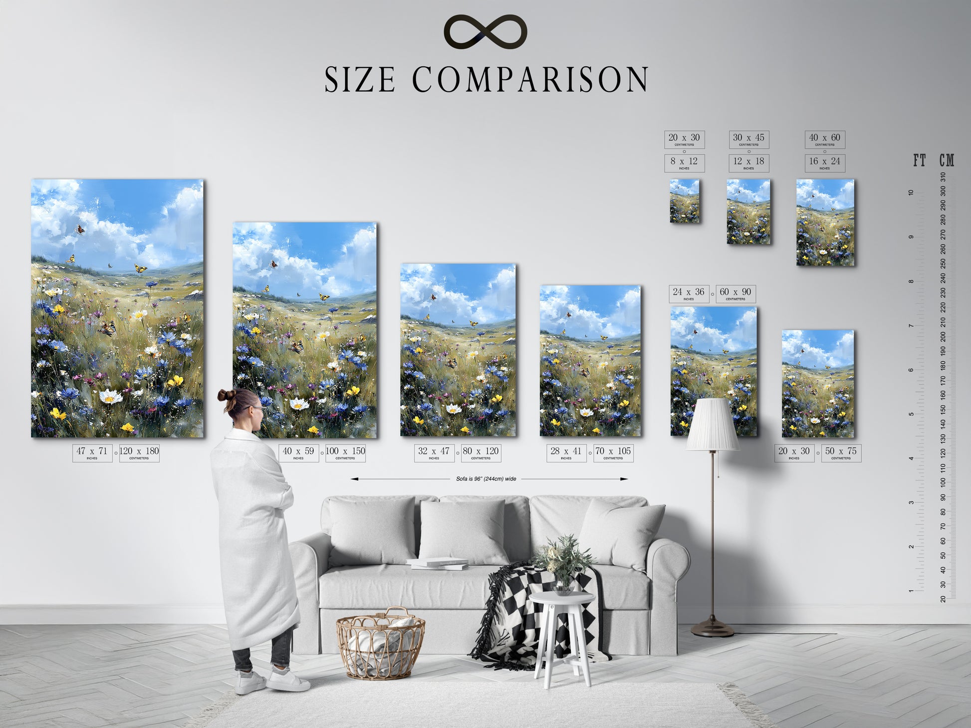 This size comparison chart shows the Wildflower Meadow art. It is displayed in an interior setting. See the different sizes available for this artwork. Find the perfect fit for your space today.