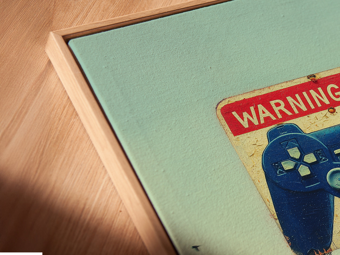 Angled close up of a Gaming Zone Canvas Print in a floating frame. This gamer wall art is modern. The controller art adds a unique touch. It's perfect as teen boy decor. The game room art is eye-catching and stylish.