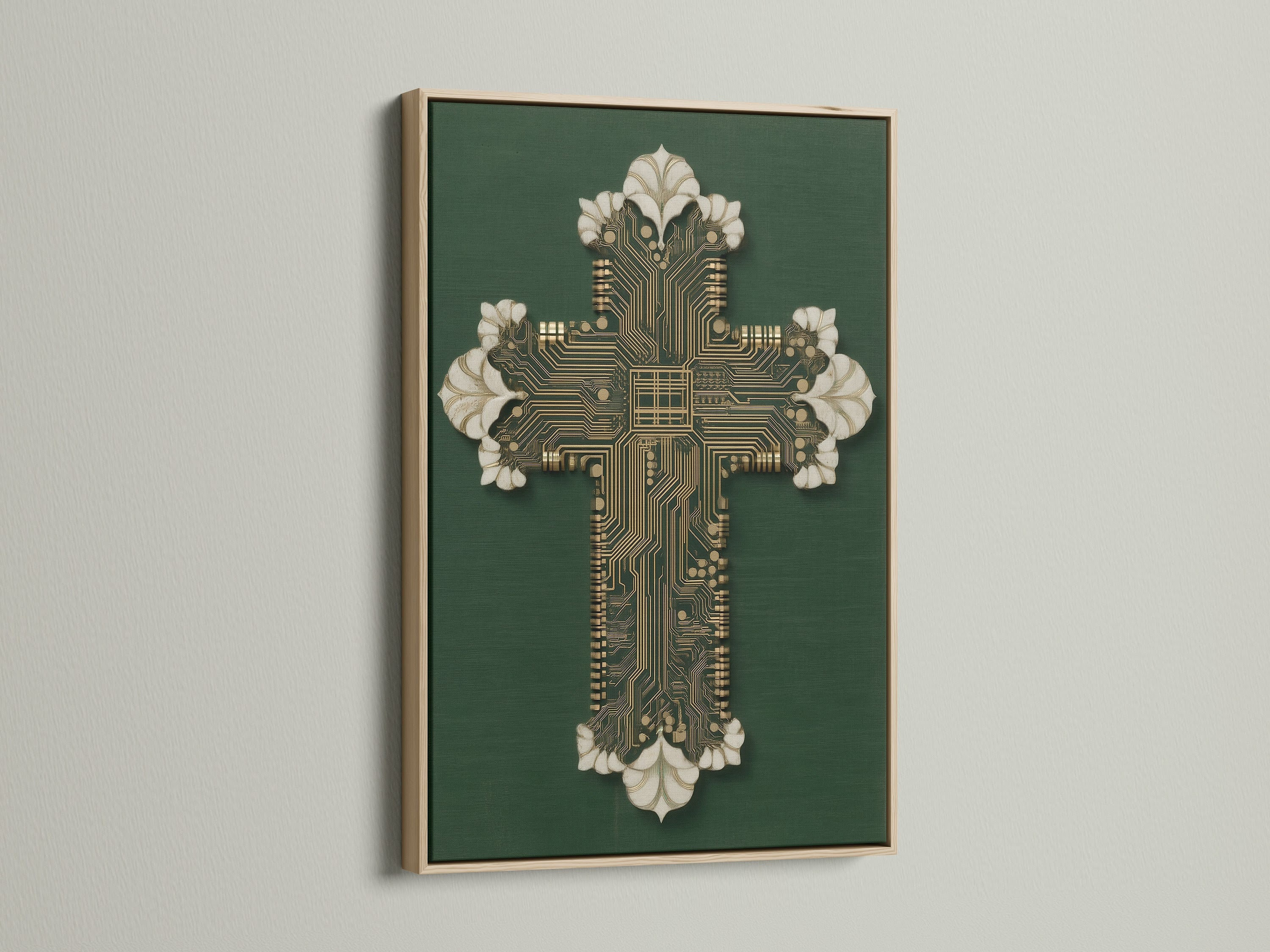 View the Circuit Board Cross Art in an oak frame. The tech religious art piece adds warmth to any space. This modern cross print enhances your christian wall art collection. Ideal for tech enthusiasts and faith-inspired individuals.