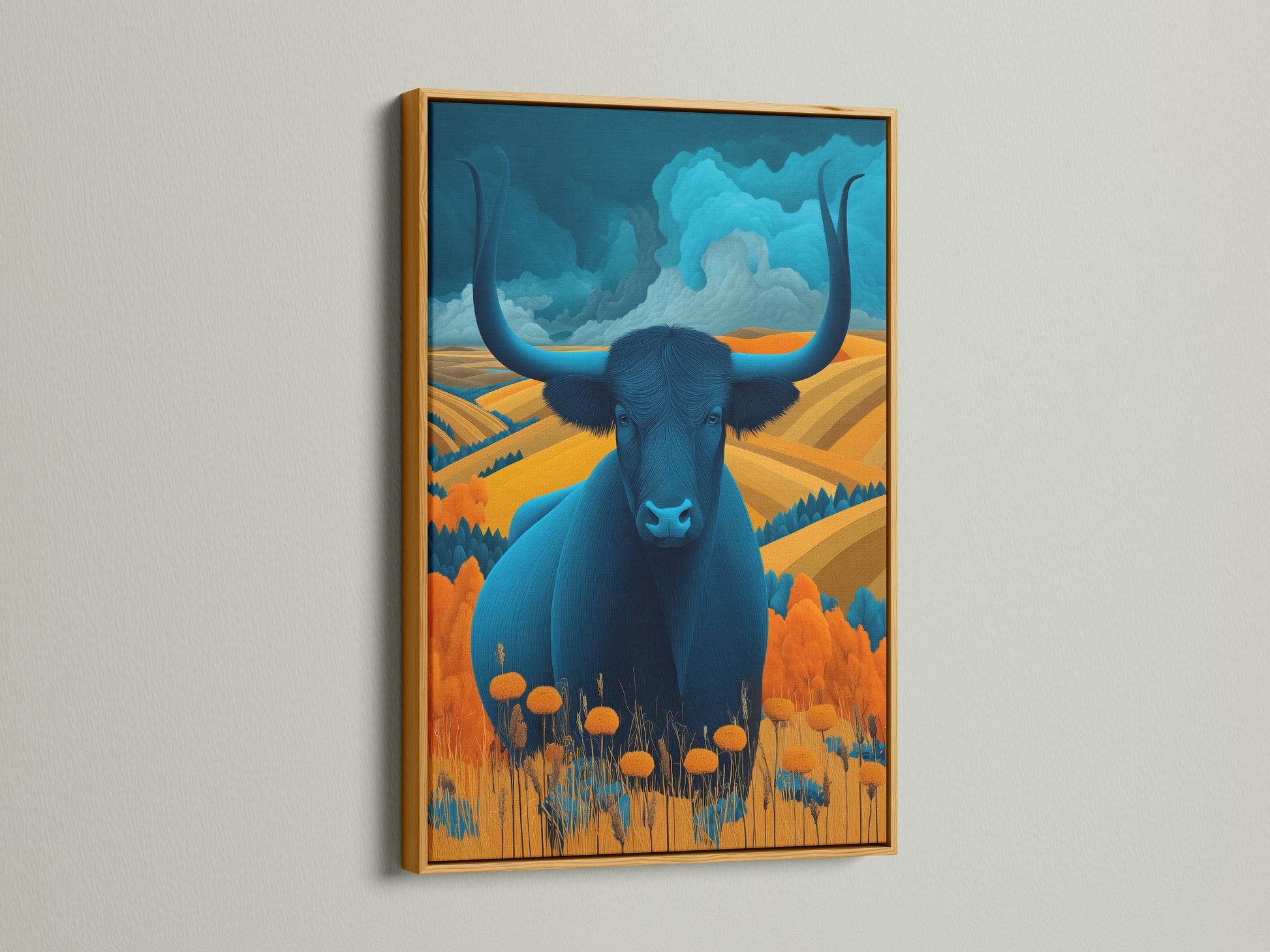 Majestic Bull art is presented in a gold frame. This adds a touch of luxury to the modern farmhouse artwork. The teal and amber colors are enhanced by the warm metallic tones. Elevate your space with this elegant animal art print.