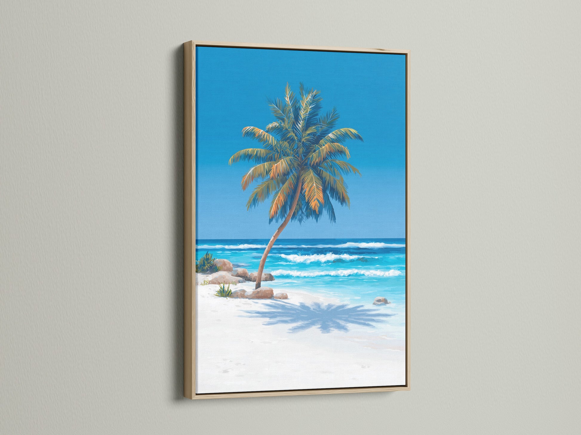 A serene beach canvas print featuring a lone palm tree. The artwork is framed in a natural oak frame. Turquoise blue ocean waves meet a white sand beach. This coastal art print is ideal for creating a relaxing atmosphere in any room