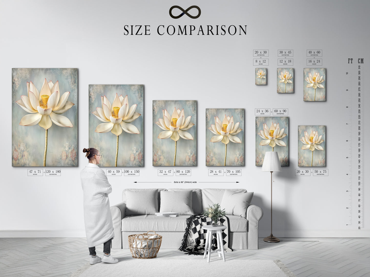 Size comparison chart in an interior setting. See how the Lotus Flower artwork fits different spaces. Choose the perfect size for your living room bedroom or spa. Modern botanical prints to elevate your decor.