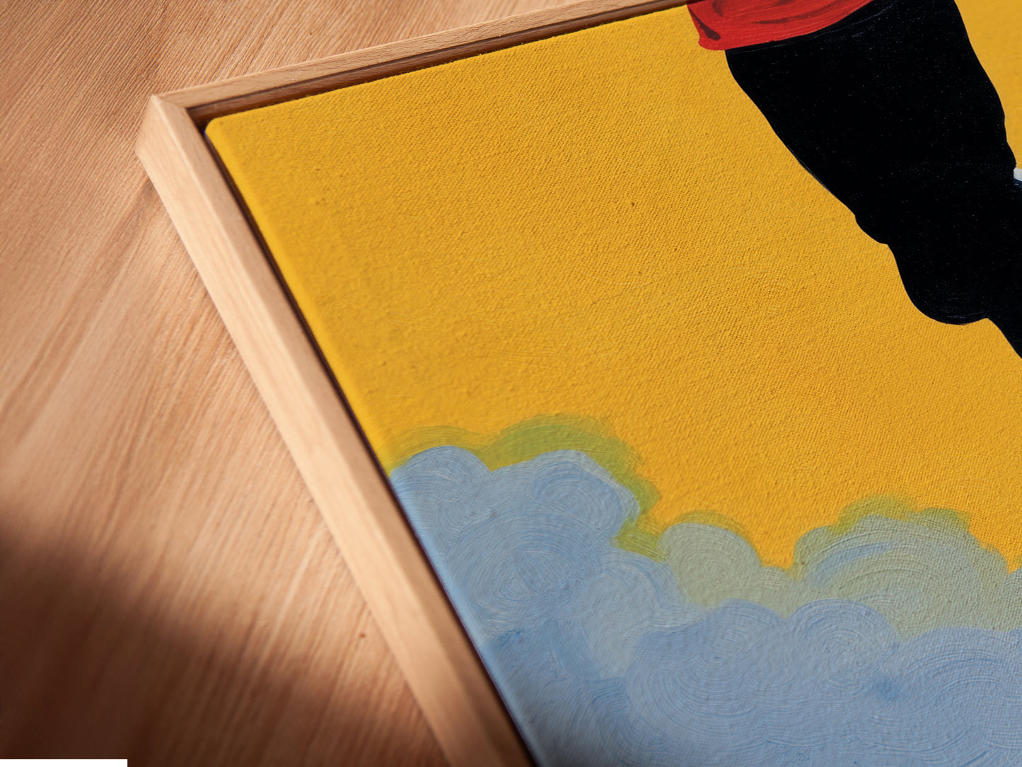 A close-up angled view of a runner canvas print in a floating frame. The abstract marathon wall art is a modern sport artwork. It is the perfect gift for any athlete. Elevate your space with this unique piece.