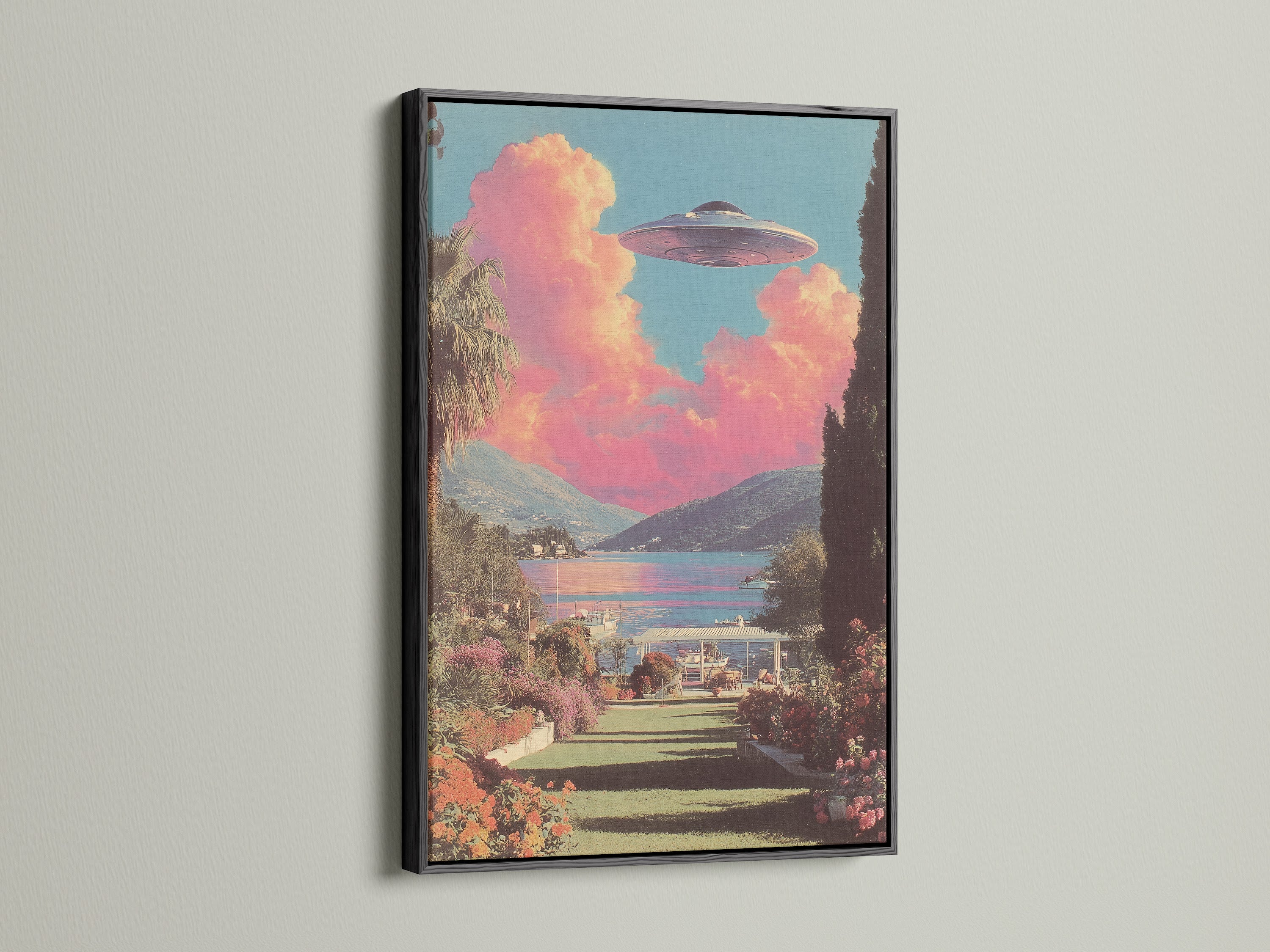 Enhance your sci-fi wall decor with this UFO landscape art print in a black frame. Perfect for office wall art. The space art print adds a unique touch to clinics. It complements modern styles. The primary color is pink. The secondary color is blue.