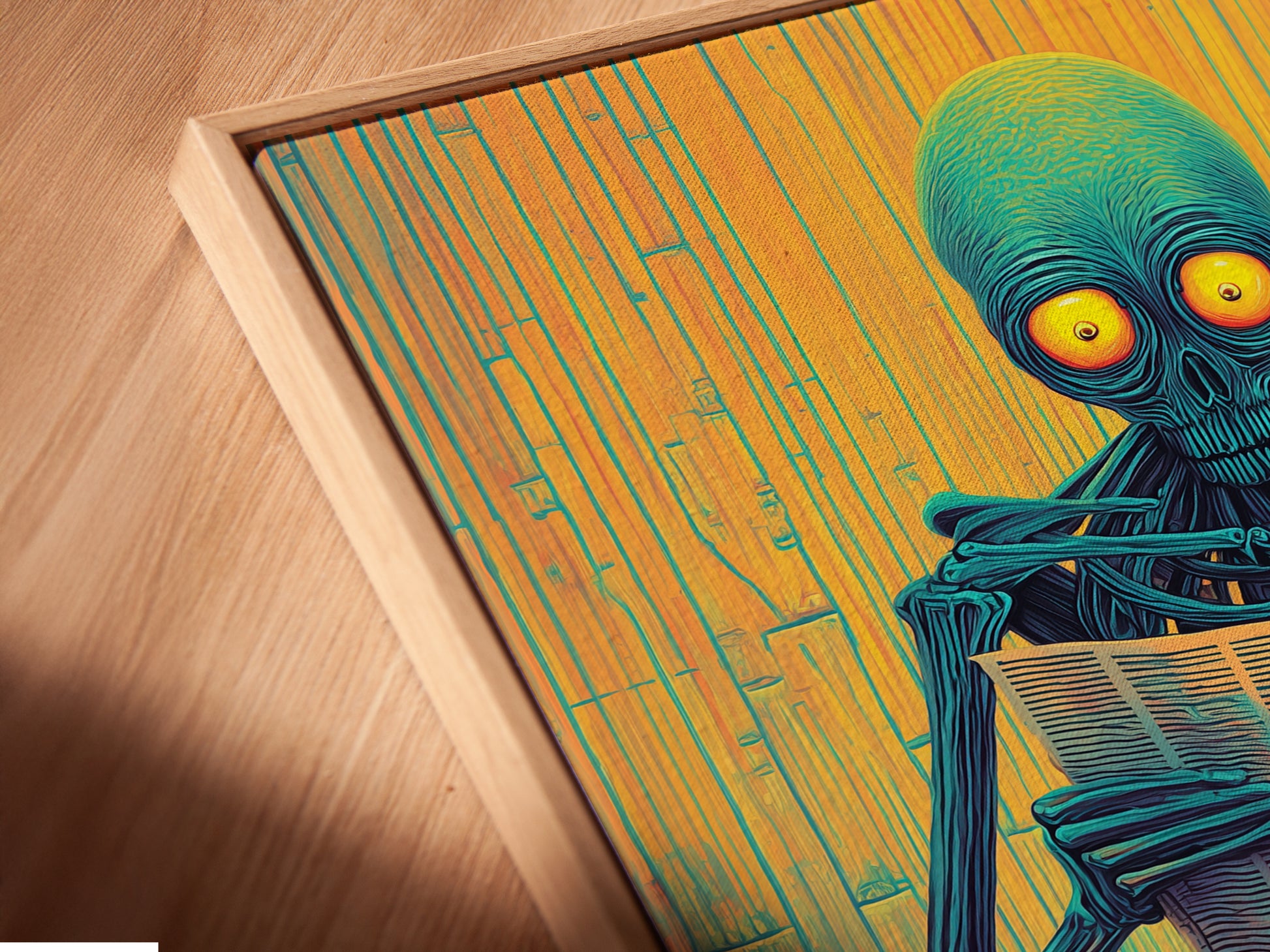 This is a close-up of the Alien on Toilet canvas print. It is displayed in a floating frame. The funny bathroom artwork is eye-catching. The sci-fi novelty poster is perfect for unique wall decor. The teal and yellow colors complement any room.