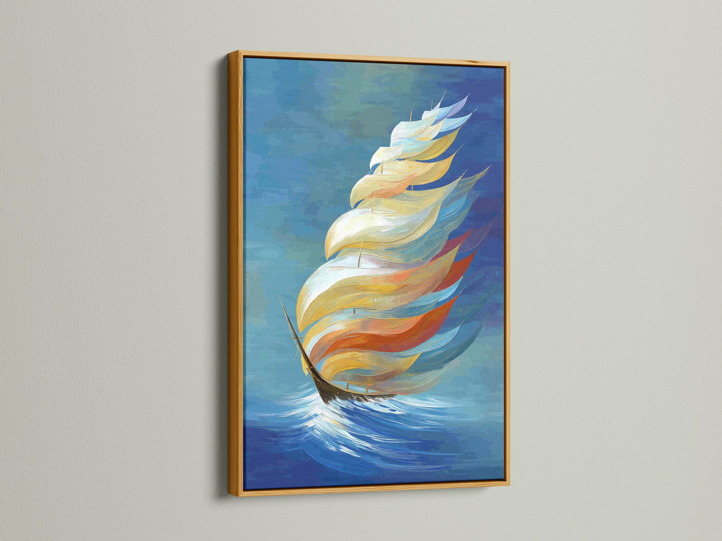 Abstract sailboat artwork is displayed in a gold frame. The gold frame enhances the artwork's nautical theme. It adds a luxurious touch to coastal wall art. The gold complements the art's navy blue and gold hues. This print is perfect for refined home decor.