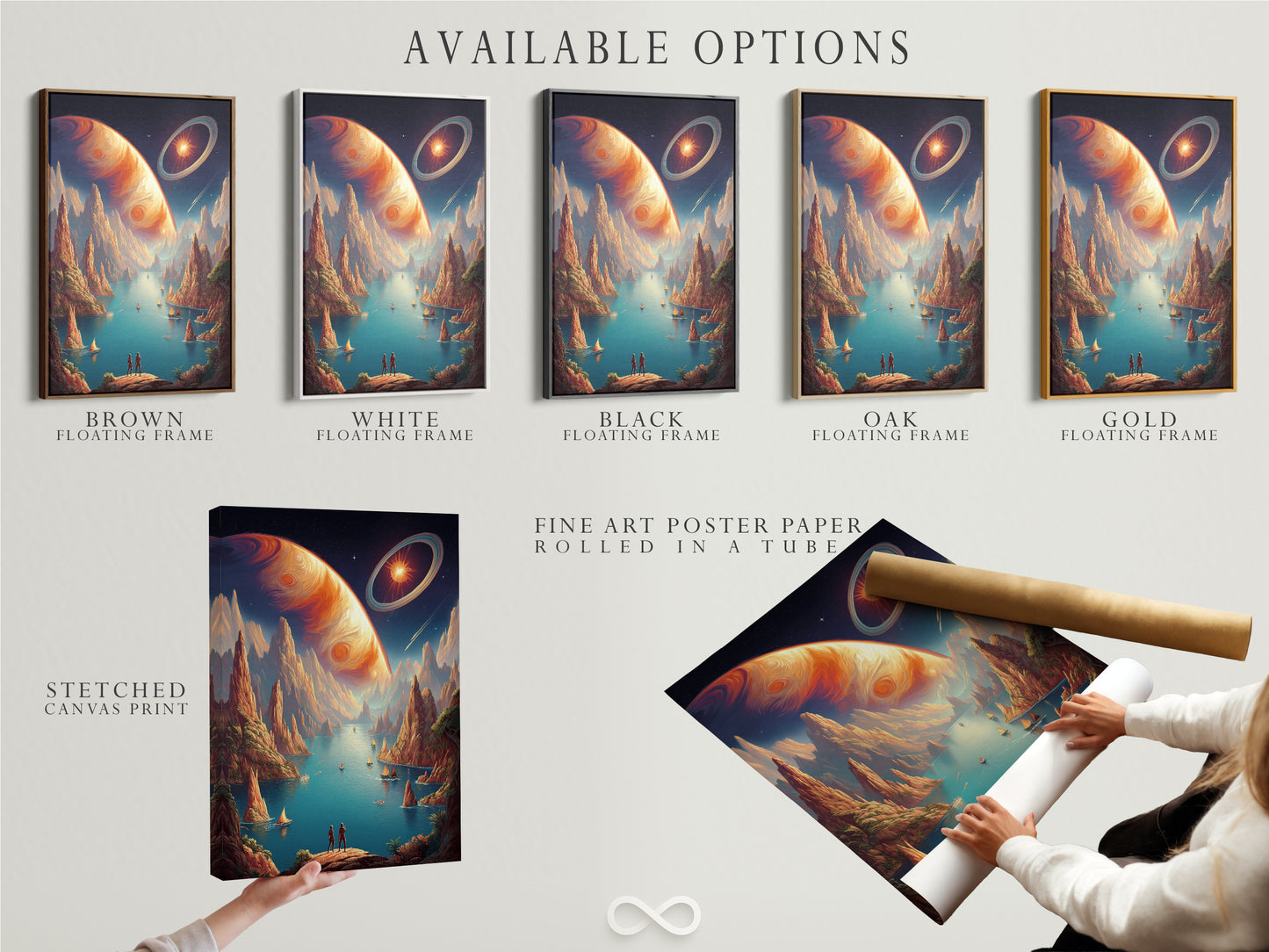 Available options are presented including a stretched canvas print fine art poster paper and a floating frame. The cosmic landscape artwork can be customized to suit any style and decor preference. It is ideal for personal and business spaces.