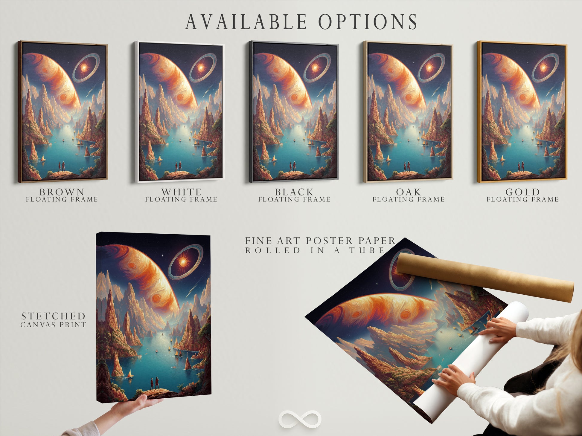 Available options are presented including a stretched canvas print fine art poster paper and a floating frame. The cosmic landscape artwork can be customized to suit any style and decor preference. It is ideal for personal and business spaces.