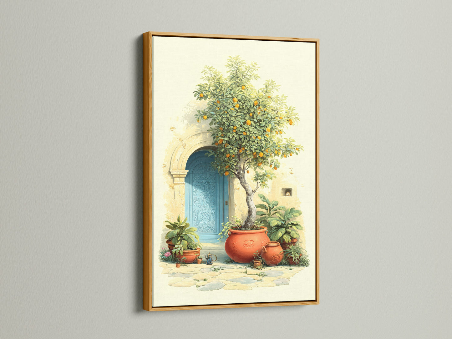 Italian Lemon Tree canvas print with a gold frame. The Mediterranean decor features a Tuscan doorway with an azure door and terracotta pots. This citrus artwork brings a touch of European garden elegance to your kitchen. Enhance your home with this beautiful Italian print.