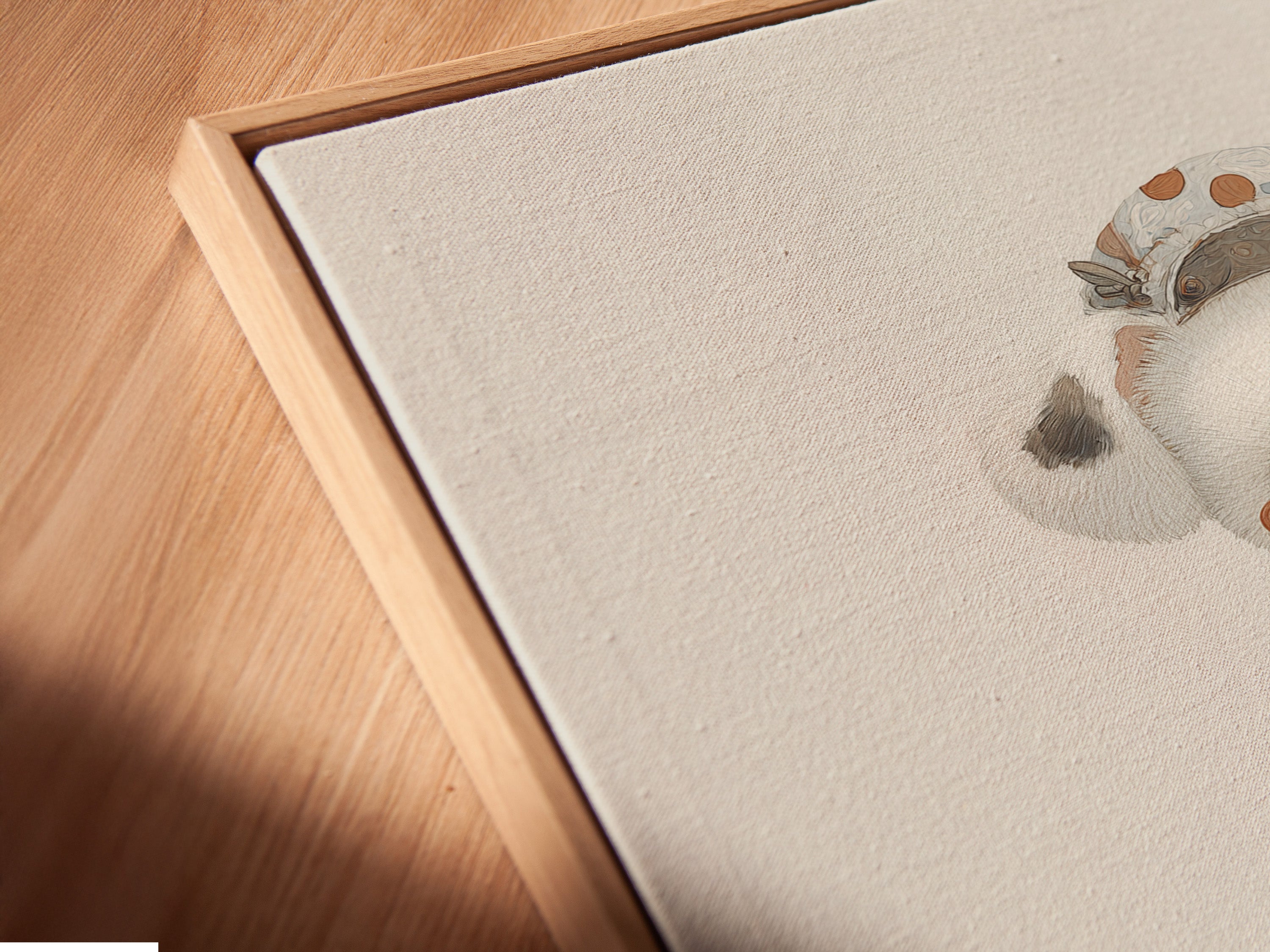 A close-up of a canvas print in a floating frame. The artwork features a cute panda. This kawaii animal wall art is perfect for nurseries. The floating frame enhances the artwork. It provides a modern touch to your baby room decor.