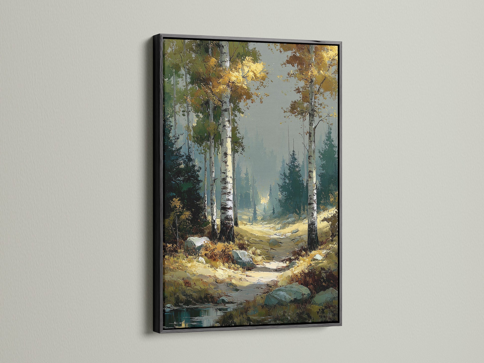 Birch Forest landscape artwork with a black frame. The forest painting adds sophistication to any wall. This nature canvas print brings the outdoors inside. Enjoy the rustic charm of this autumn wall art. Perfect as living room wall art or for cabin decor. It highlights the fall colors.