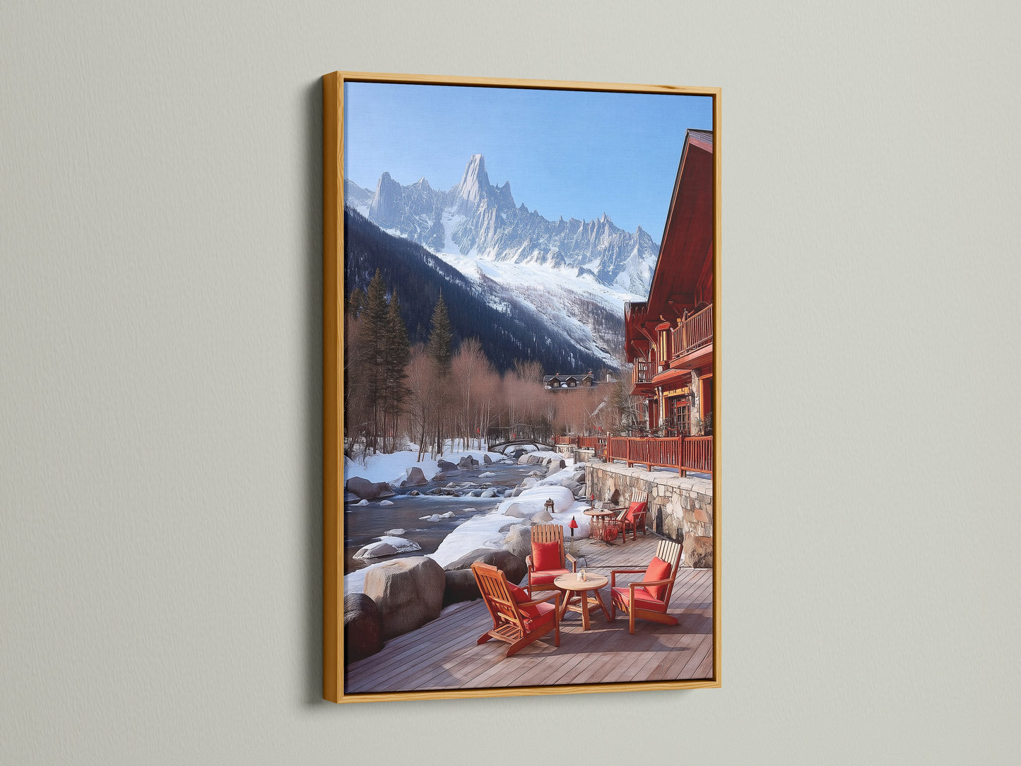 The mountain chalet canvas artwork shines in a gold frame. The snowy Alps landscape brings a luxurious feel. Perfect lodge artwork for cabin decor. The gold frame enhances the art's richness. This piece adds a touch of glamour to any room.