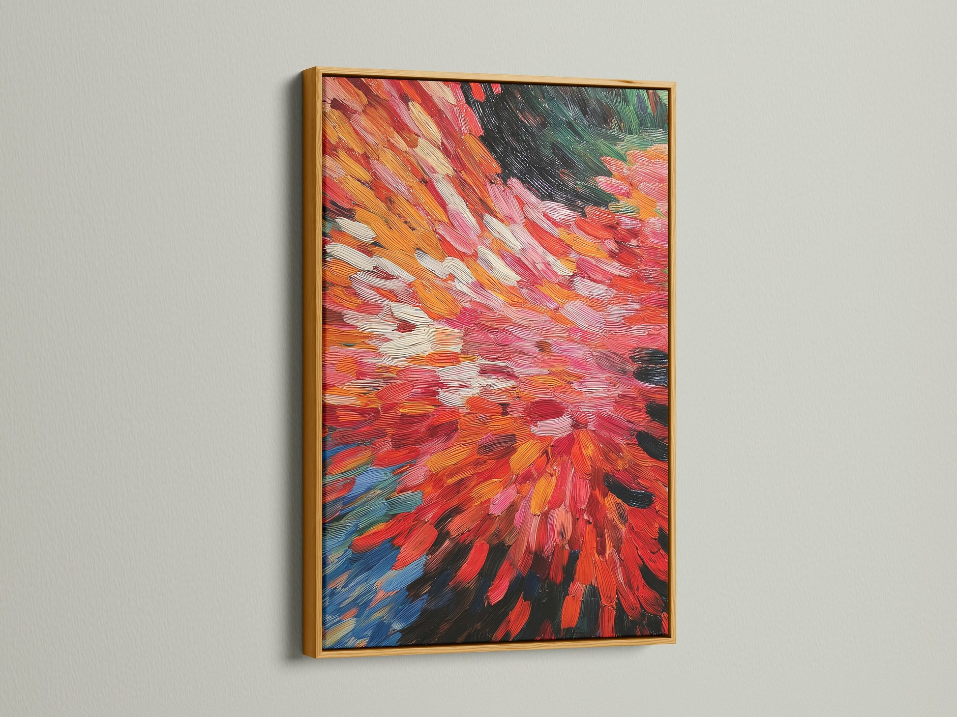 The abstract burst artwork is presented in a gold frame. The red and orange colors create a fiery effect. Dynamic brushstrokes add movement to this modern piece. It's perfect for elevating your living room bedroom or office space with colorful wall decor.