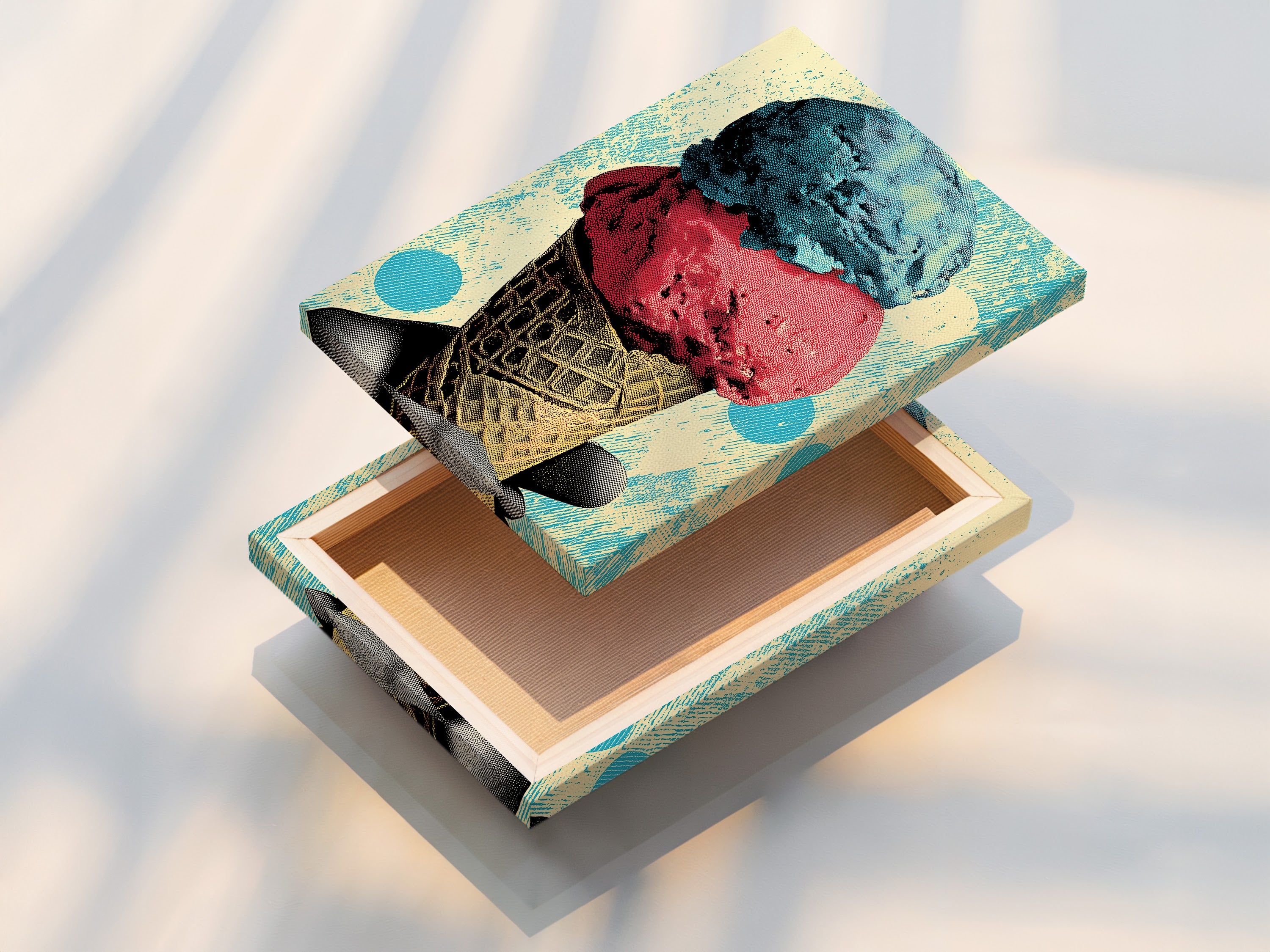 A stretched canvas print displays a vibrant ice cream art. The canvas print offers a gallery-quality look. The artwork wraps around the frame. This print is ready to hang and enjoy in any room.