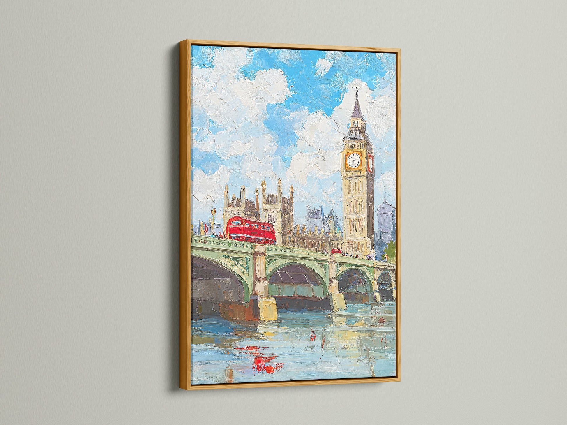 London Big Ben artwork in a gold frame. This British cityscape artwork features Westminster Bridge. The gold frame adds elegance. It is perfect for living rooms studies and entryways. Consider this British scene.