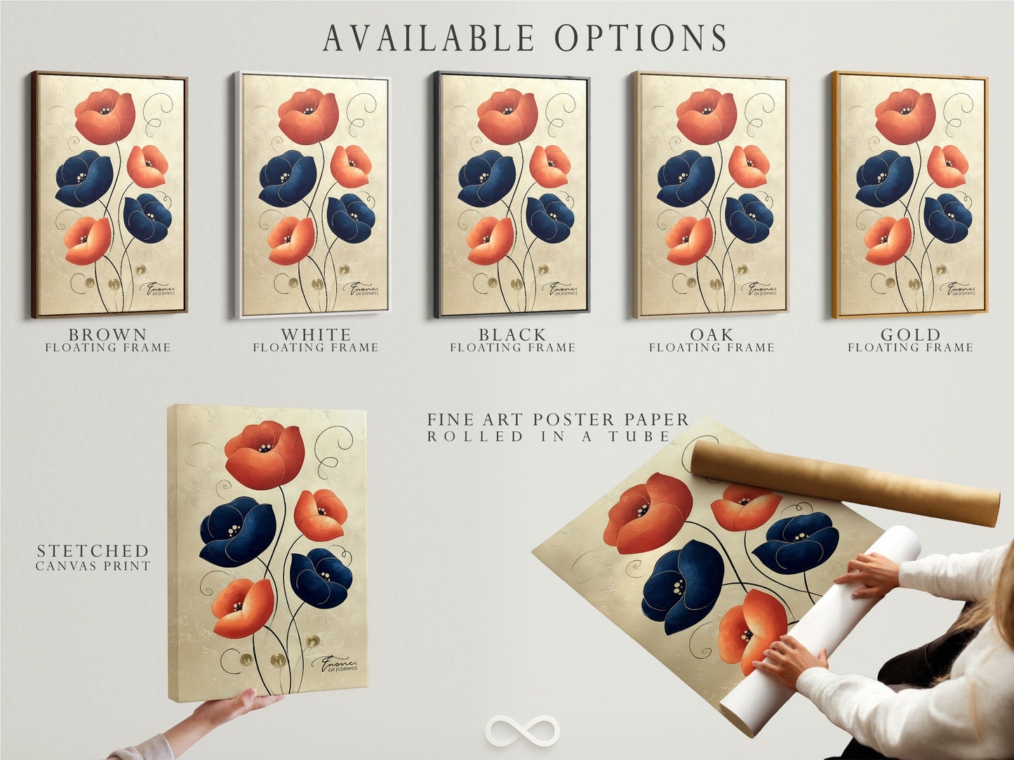 Available options for this modern floral artwork. Choose from a stretched canvas print fine art poster paper or floating frame. Navy blue and coral flowers create a stunning visual impact. Find the perfect option for your style.