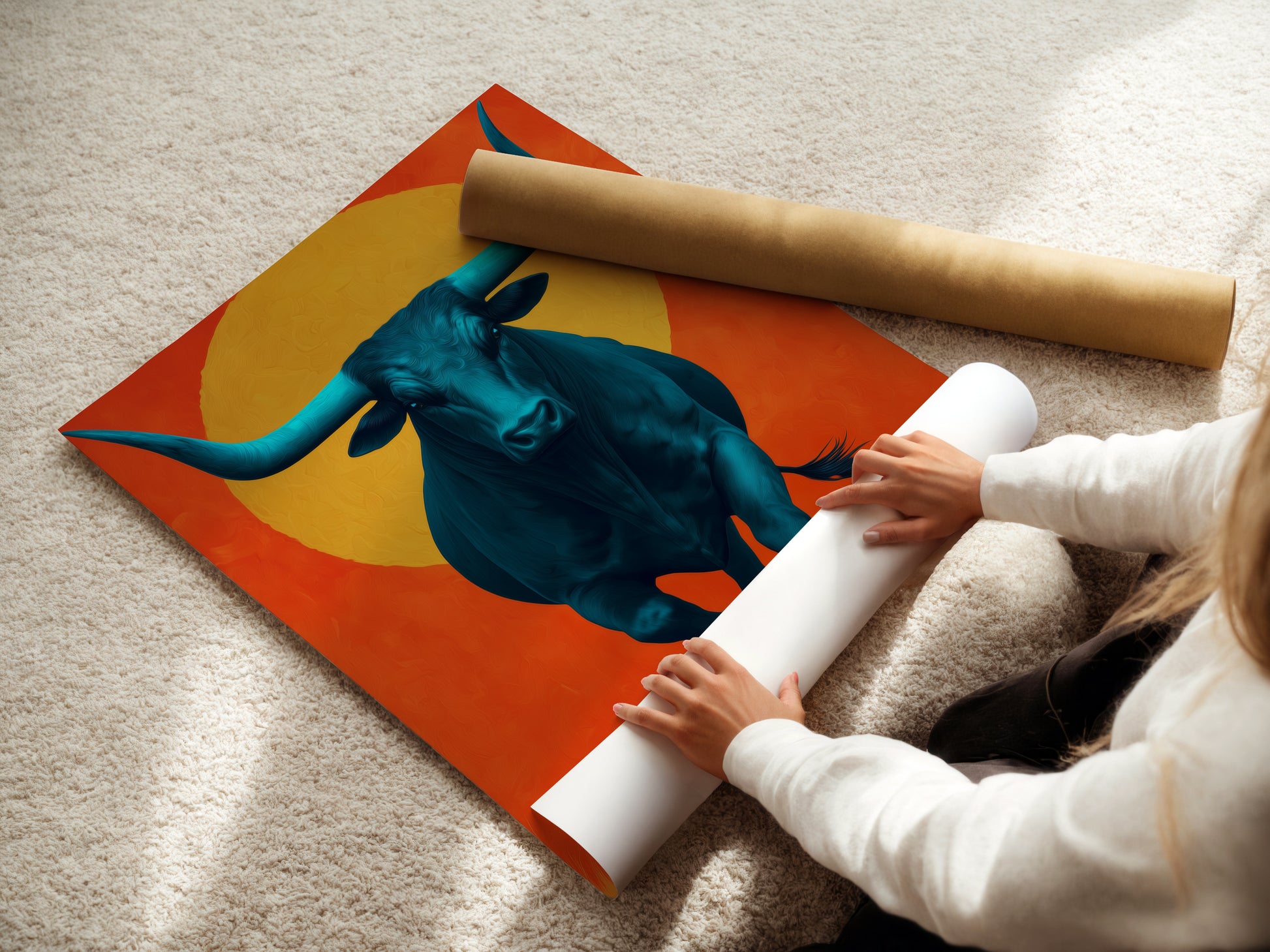 A woman is carefully rolling a fine art poster paper featuring a teal bull. This demonstrates the care in preparing this Southwestern style artwork. Ideal for creating modern farmhouse wall art. Perfect for those who appreciate animal artwork and unique home decor.