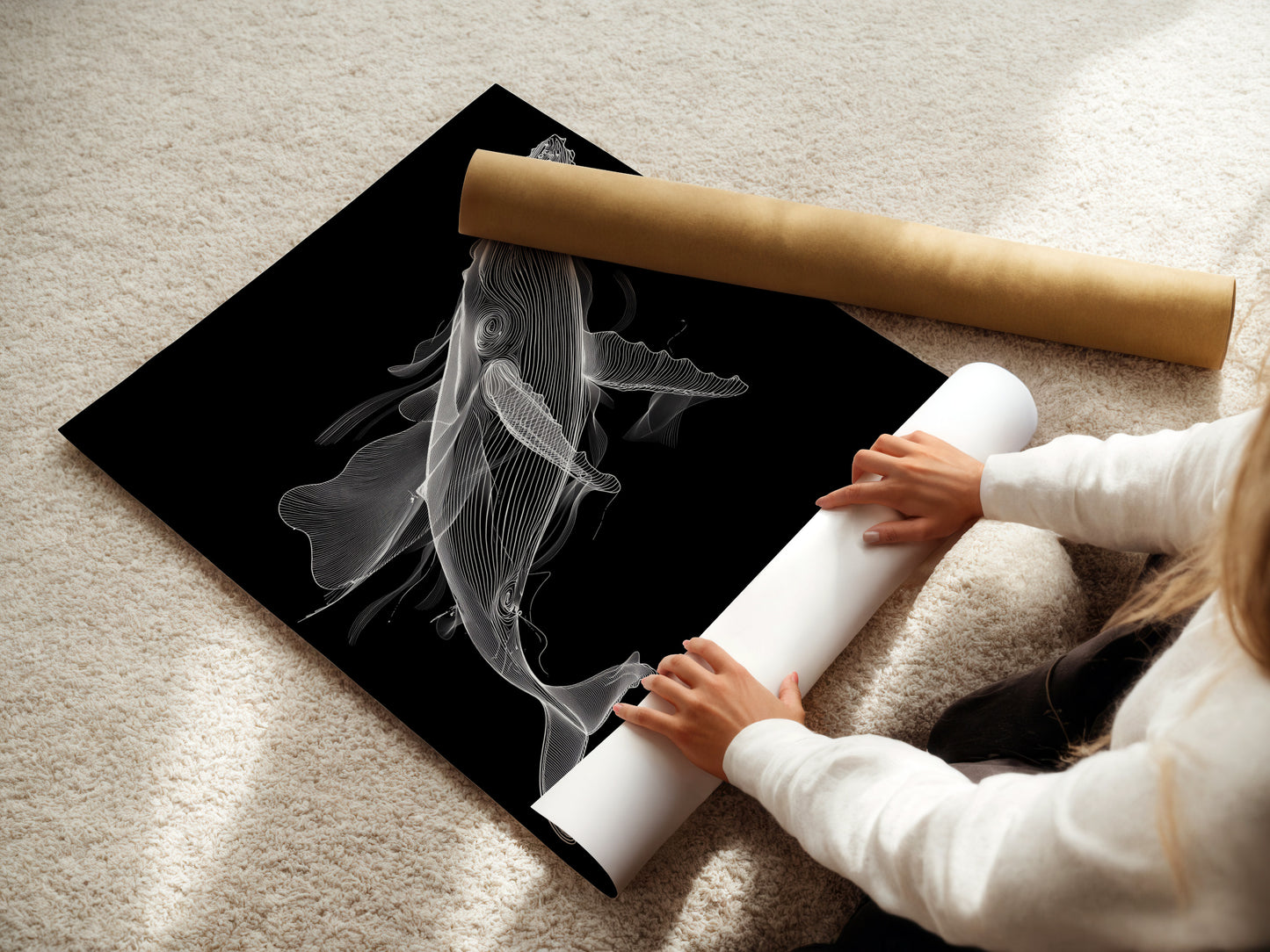 A woman carefully rolls a fine art poster paper featuring a black and white whale. The minimalist whale artwork is ready for framing. This ocean art print offers refined nautical wall decor. Perfect for homeowners and renters. Add sophisticated marine life art to your space.