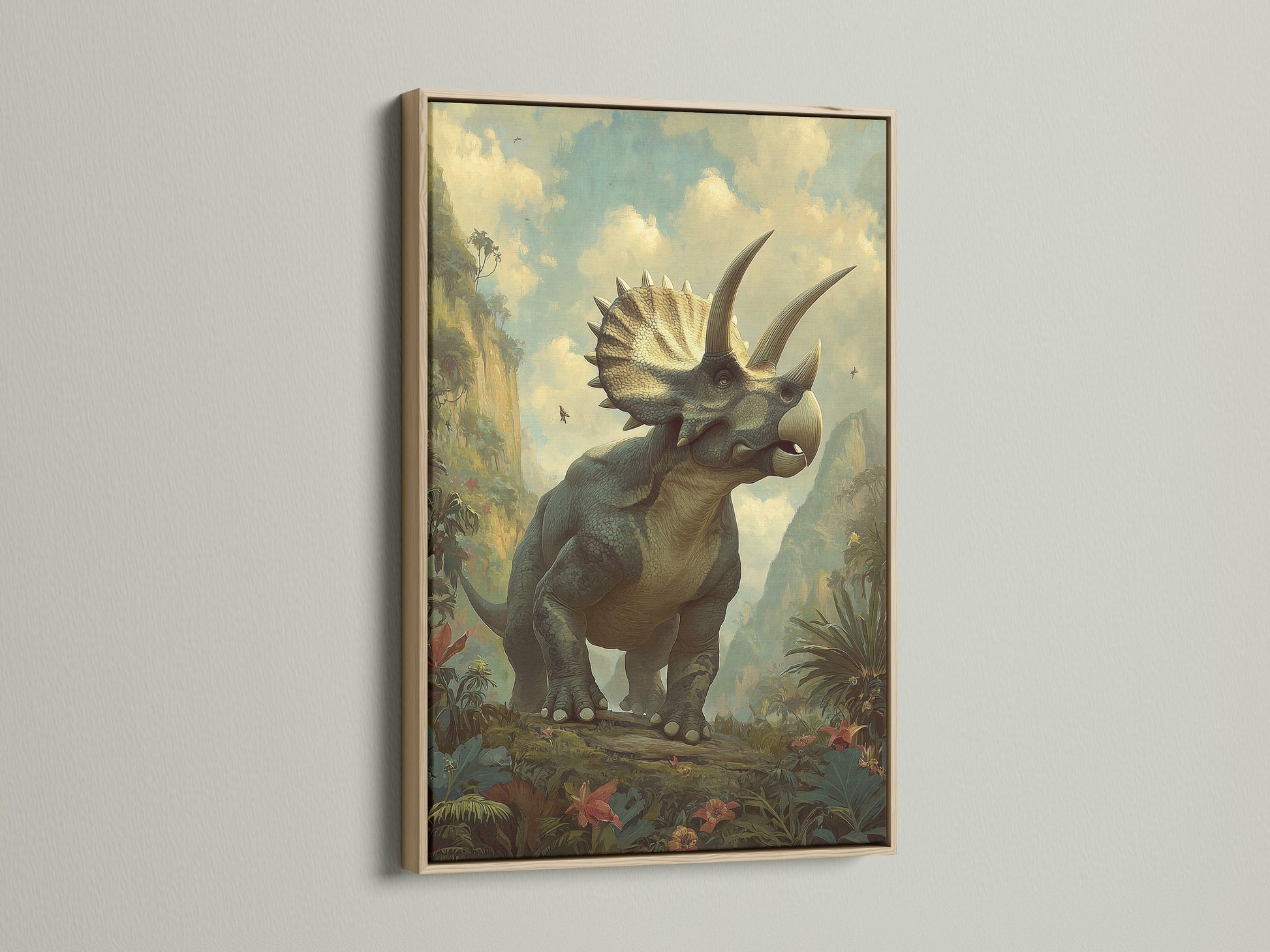 A captivating triceratops artwork graces a wall within an oak frame. The oak frame enhances the artwork's appeal. This framed artwork adds a touch of sophistication to any room. The artwork is beautifully displayed in the oak frame.