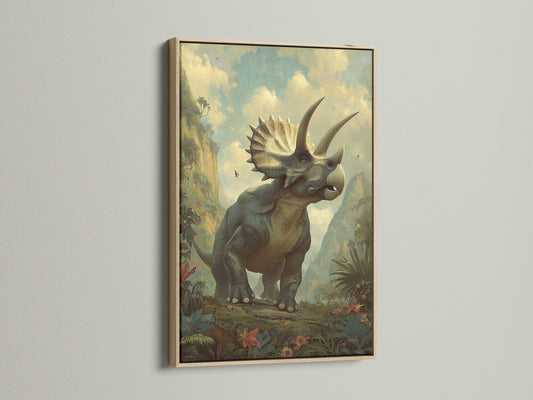 A captivating triceratops artwork graces a wall within an oak frame. The oak frame enhances the artwork's appeal. This framed artwork adds a touch of sophistication to any room. The artwork is beautifully displayed in the oak frame.