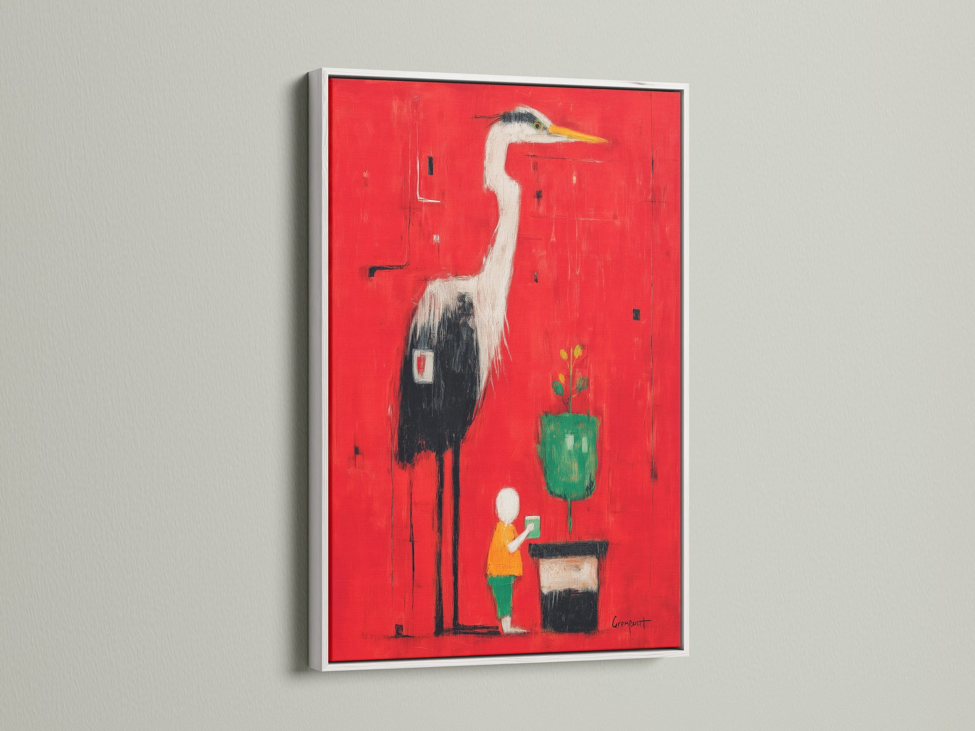 Heron Art Canvas Print in a white frame. The red abstract wall art showcases a modern bird artwork. This artwork is visually striking. The white frame offers a clean contemporary aesthetic.