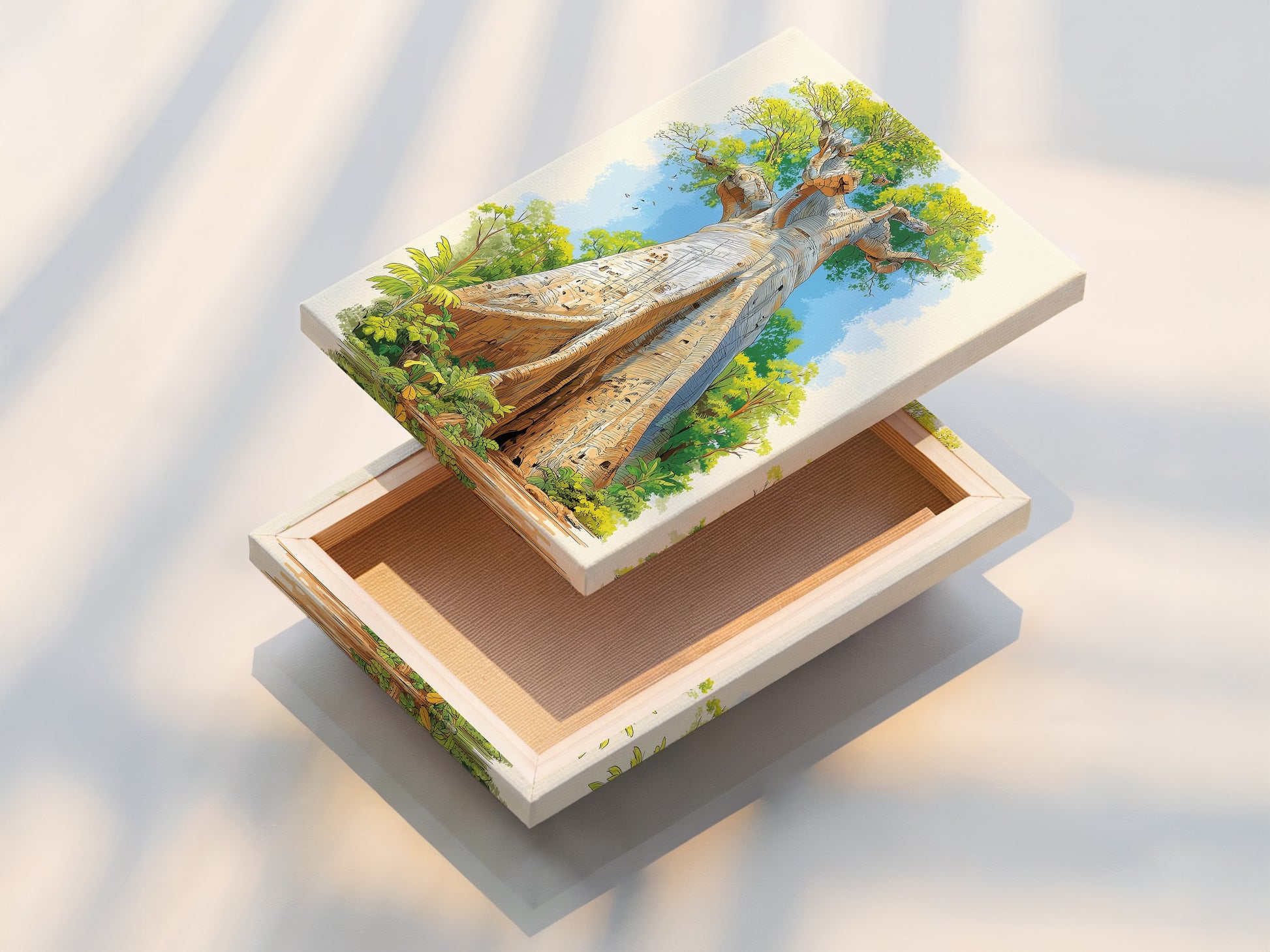 A beautifully stretched canvas print displays a Baobab Tree artwork. The artwork is an African landscape. The stretched canvas offers a gallery ready appearance. Ideal for creating a focal point in any room with this savanna artwork.