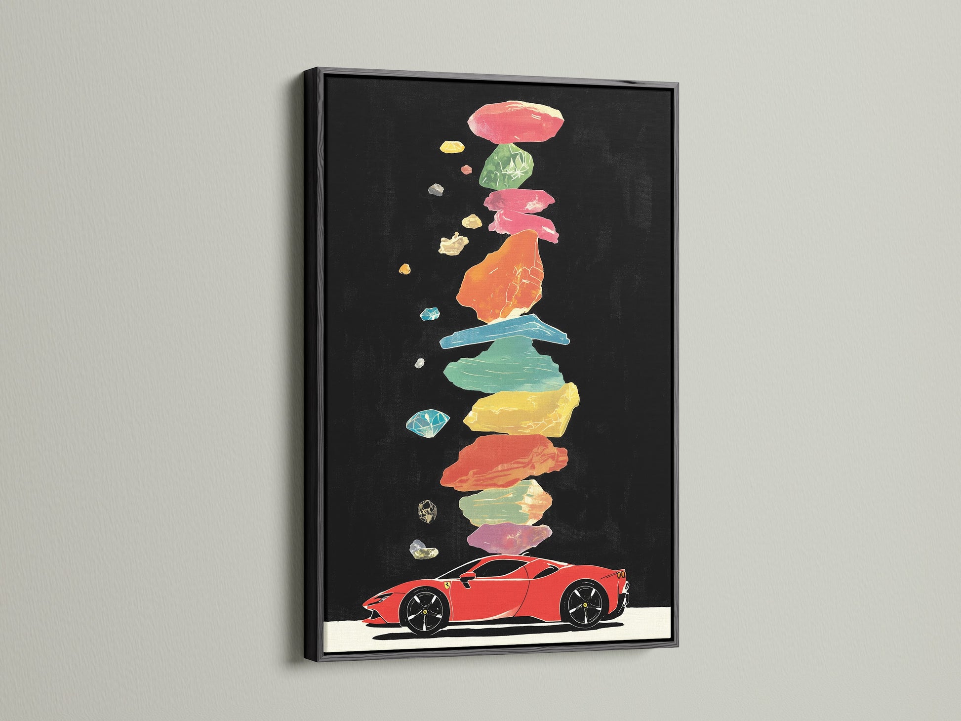 A modern sports car artwork is showcased in a sleek black frame. The artwork features a red sports car and abstract colorful accents. This piece is perfect for a garage office or any contemporary space. Enhance your wall decor with this stylish and eye-catching automotive art.