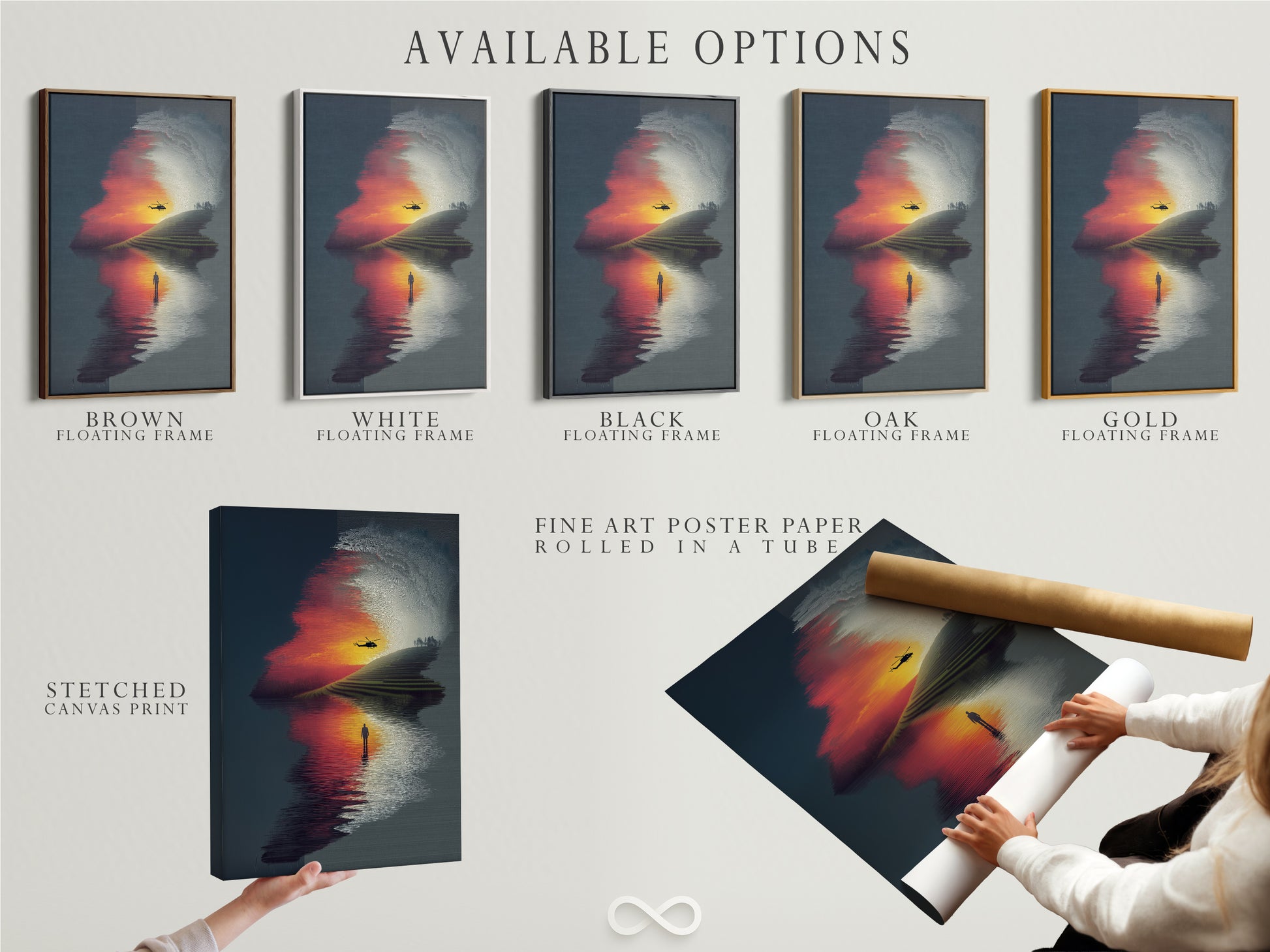 Explore the available options for this surreal landscape artwork. Choose from a stretched canvas print fine art poster paper or a floating frame. Each option enhances the sunset reflection. Find the perfect medium to showcase this unique piece