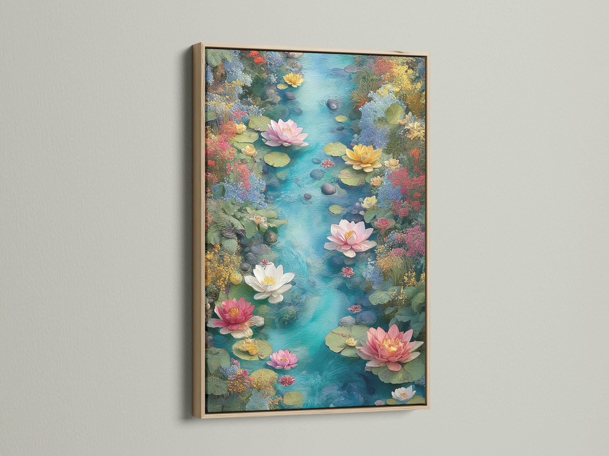 Transform your home with our Water Lily Canvas Print in an oak frame. This botanical pond art adds a touch of nature to any room. Ideal for homeowners and renters looking for elegant wall decor.