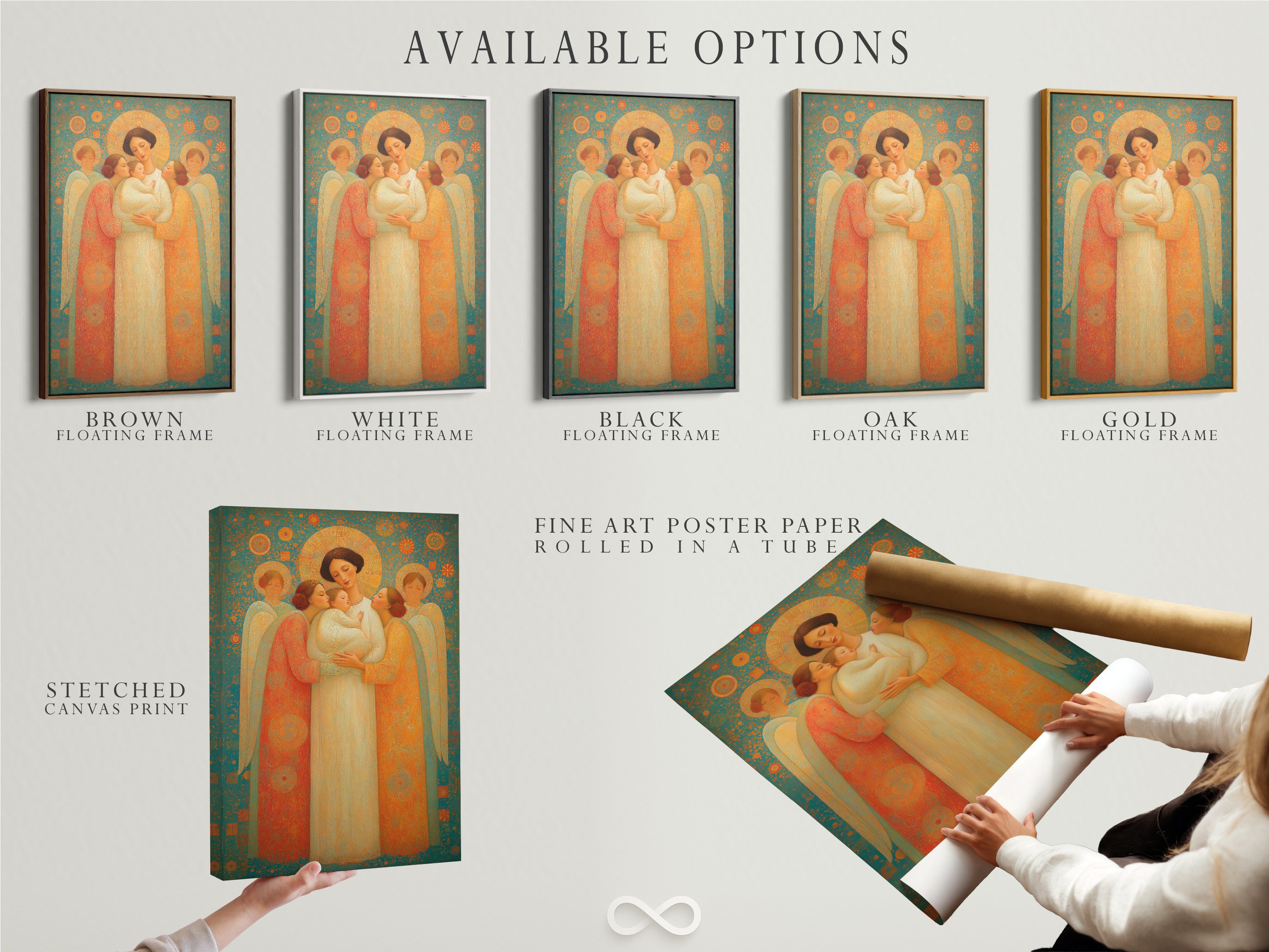 Explore the available options for the angel family artwork. Choose from stretched canvas prints fine art poster paper and floating frames. Each option enhances the art's bohemian and eclectic style. Find the perfect religious wall art for your nursery or bedroom. Discover our collection of sacred art.