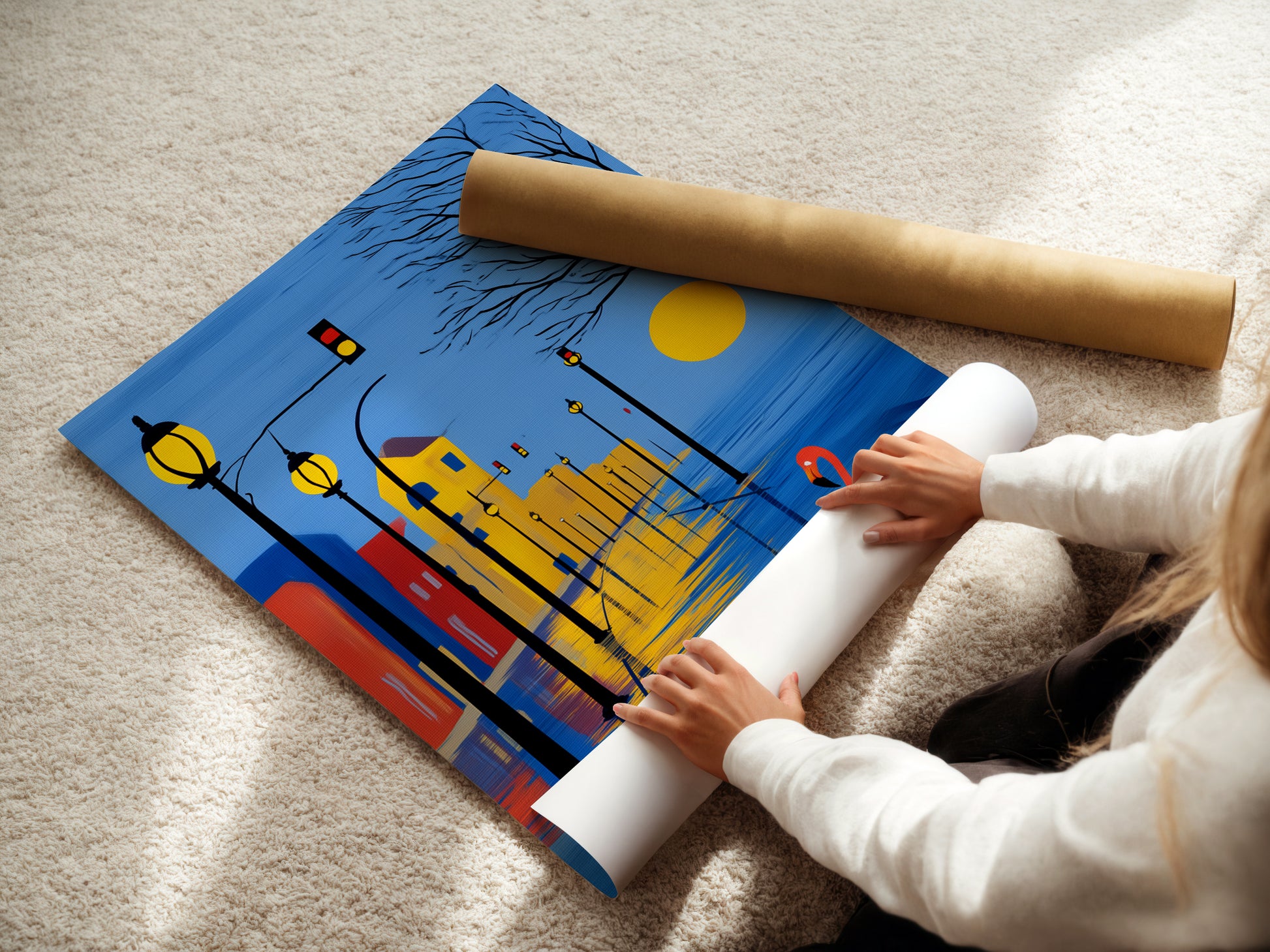 A woman is carefully rolling fine art poster paper. Preparing a cityscape art print for shipping. We ensure every print is handled with care. Order your flamingo print today and experience the quality.  Ideal for modern wall art lovers.