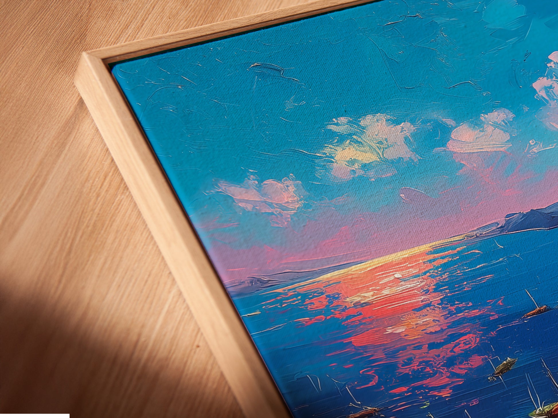 This is a close-up of a canvas print in a floating frame. The floating frame gives the art a modern look. The artwork seems to float within the frame. Enhance your art with this unique framing style. It will add depth and dimension to the piece.