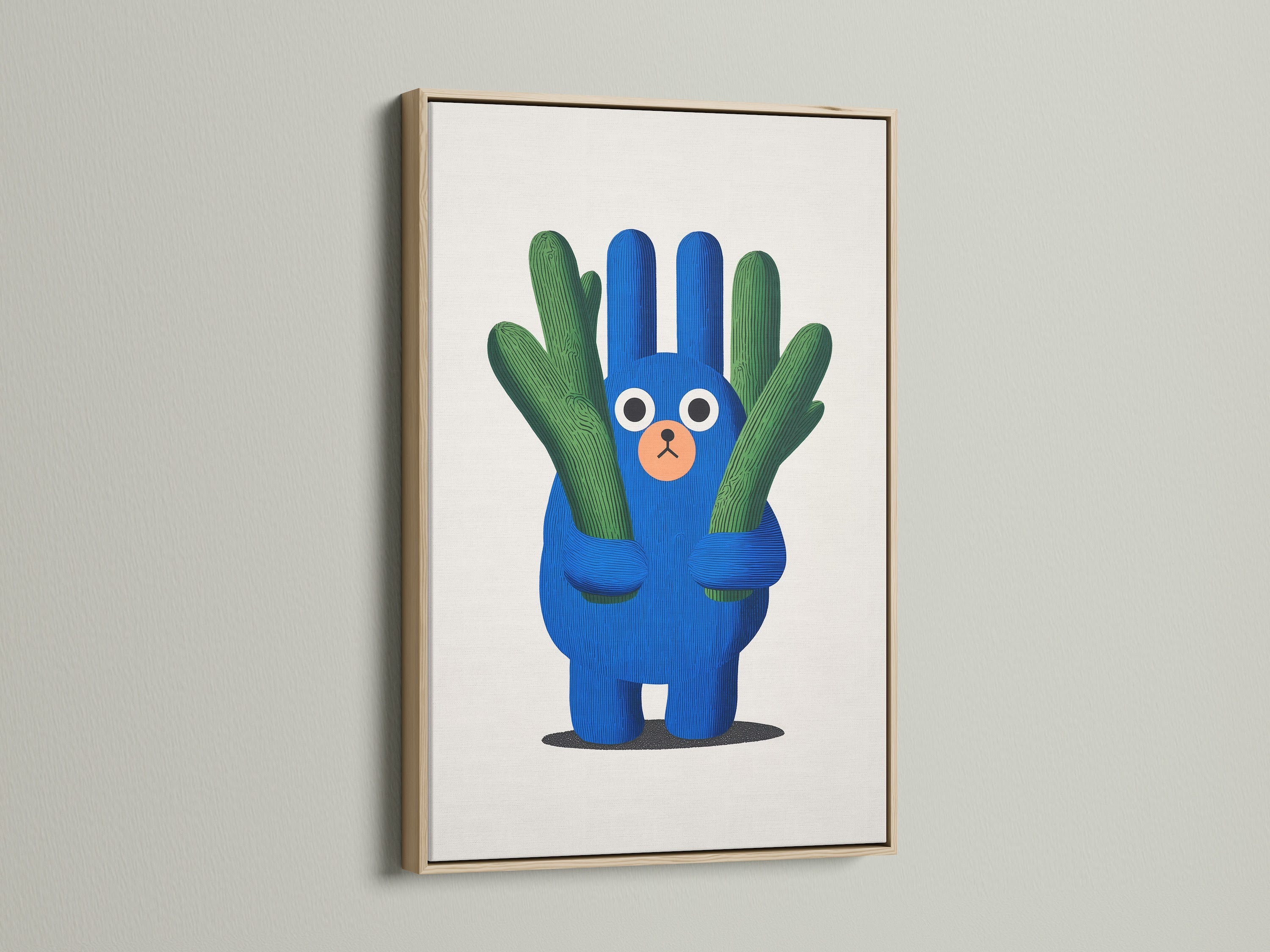 A charming blue and green cactus artwork print is beautifully framed in an oak frame. This kids room art brings a modern nursery aesthetic. The cute plant print enhances any children wall art collection. Consider this for playroom decor.