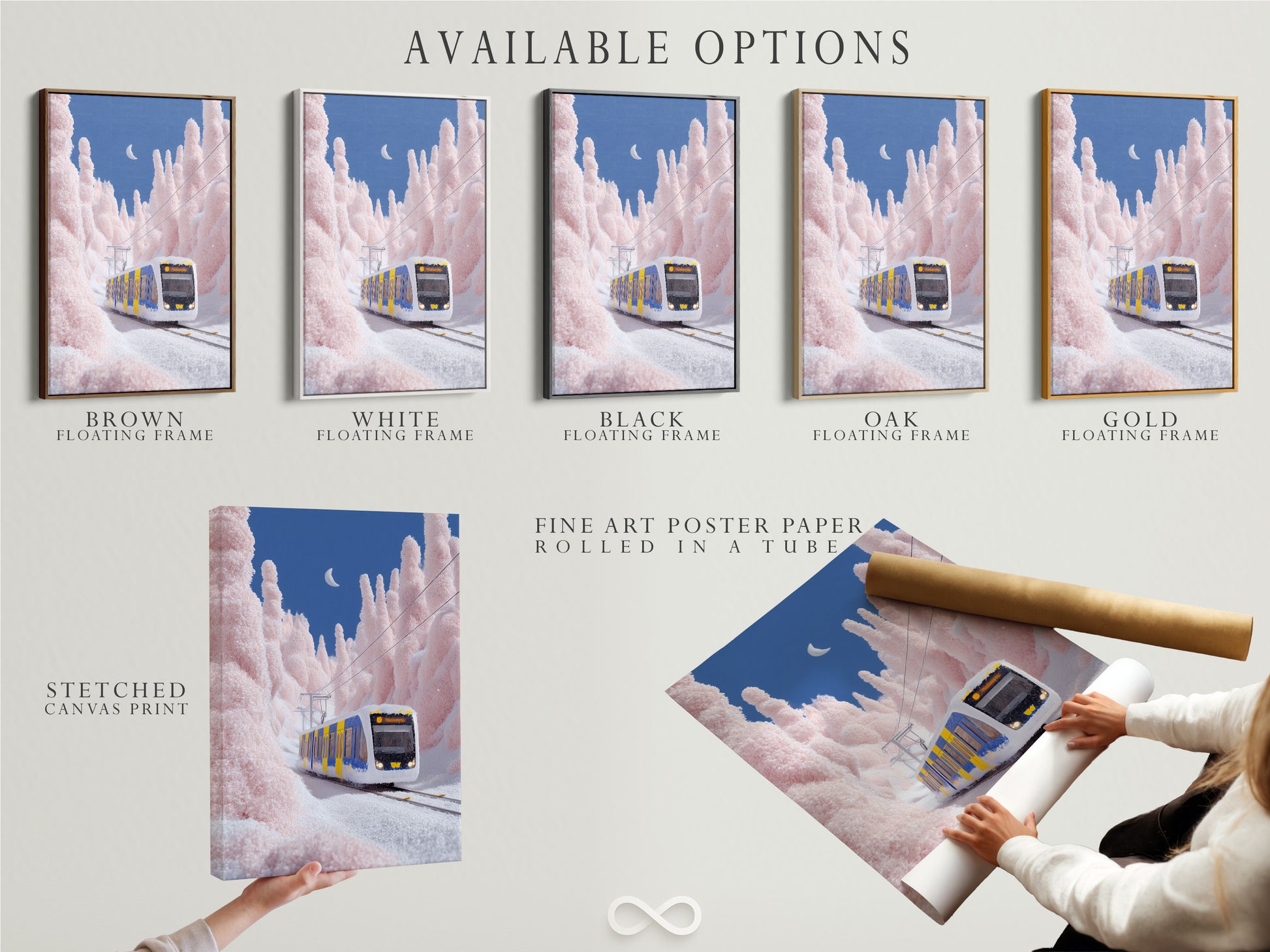 Available options include a stretched canvas print fine art poster paper and a floating frame. Customers can select their preferred format. They can customize their winter landscape to suit their style. Enhance your space with personalized train artwork.