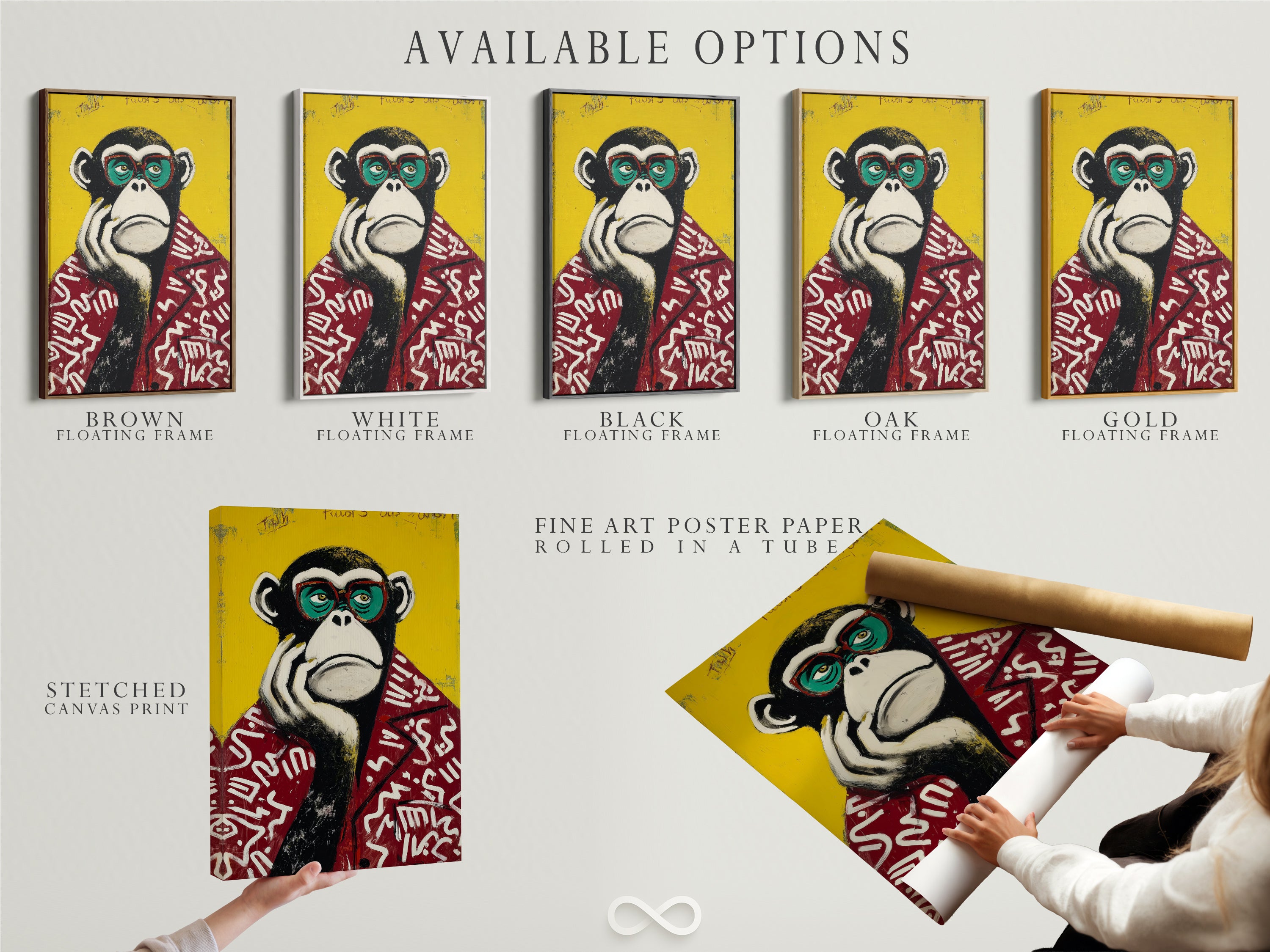 Available options for the monkey artwork including a stretched canvas print a fine art poster paper and a floating frame. Choose your preferred format for this pop art print. The primate canvas art is versatile for any space. Select the perfect animal wall decor to match your style. Ideal for office wall art or funky home decor.