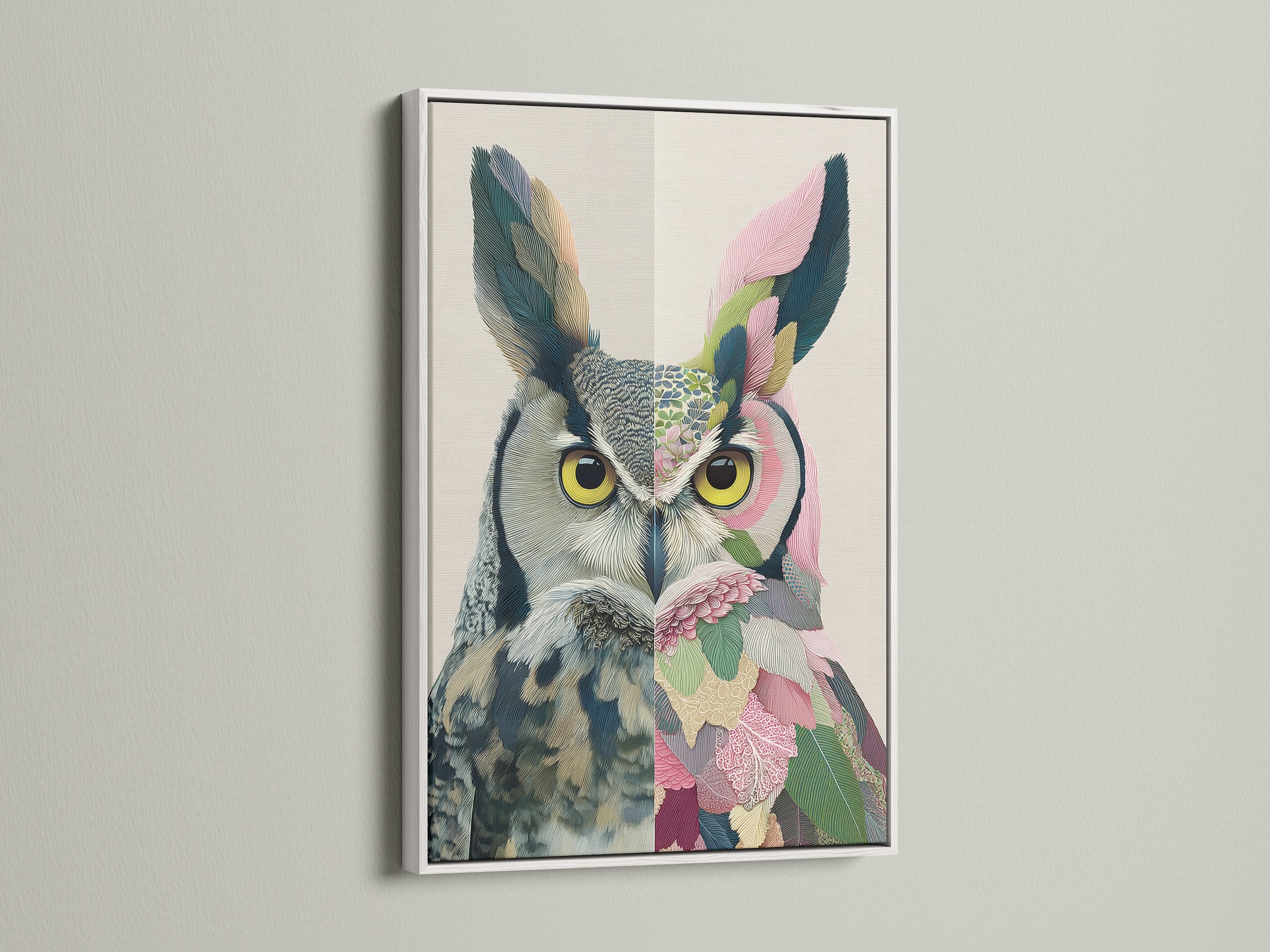 Whimsical owl artwork is presented in a clean white frame. This botanical animal artwork is ideal for a nursery or children's room. The white frame enhances the artwork's vibrant colors.