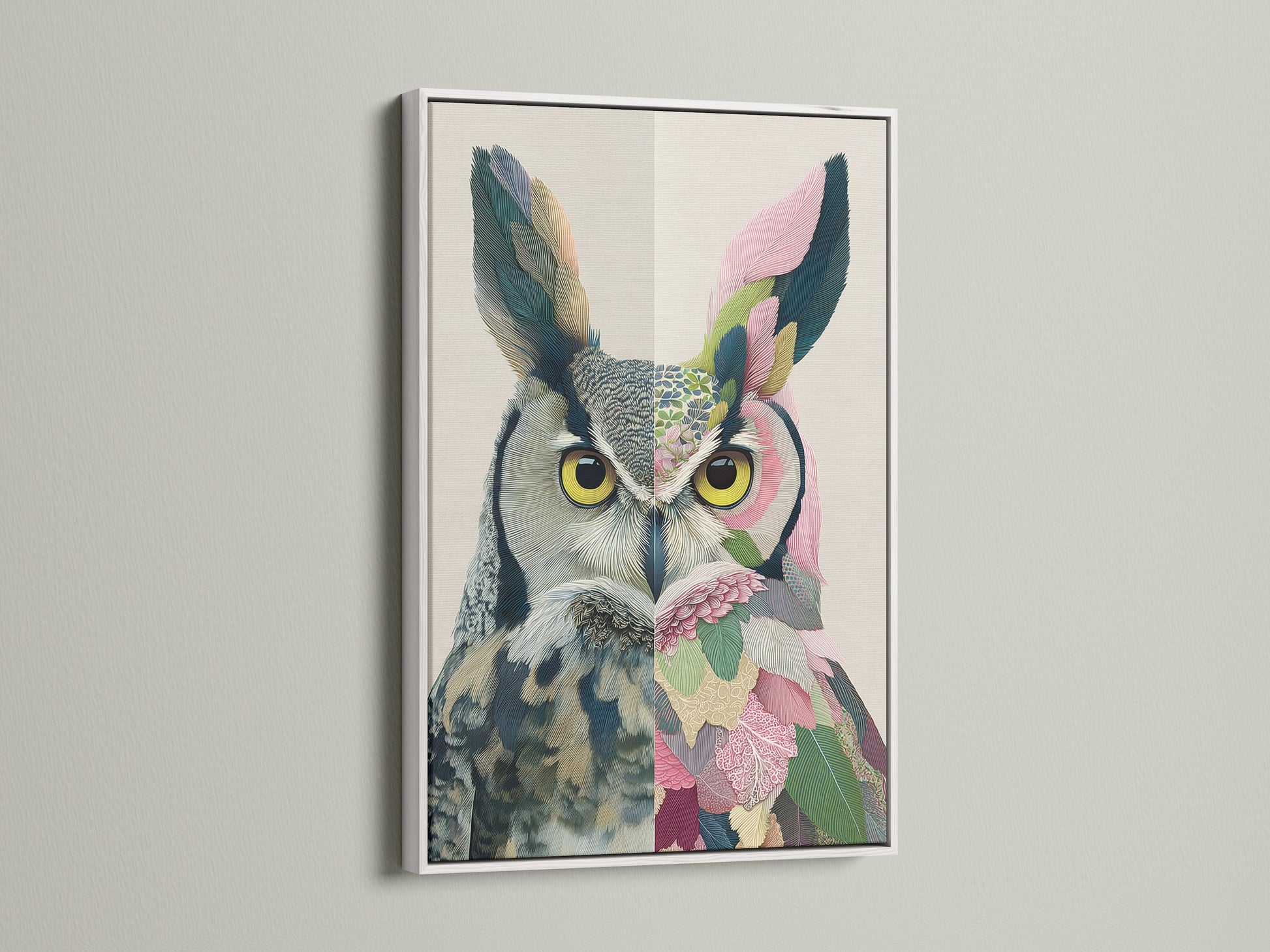 Whimsical owl artwork is presented in a clean white frame. This botanical animal artwork is ideal for a nursery or children's room. The white frame enhances the artwork's vibrant colors.