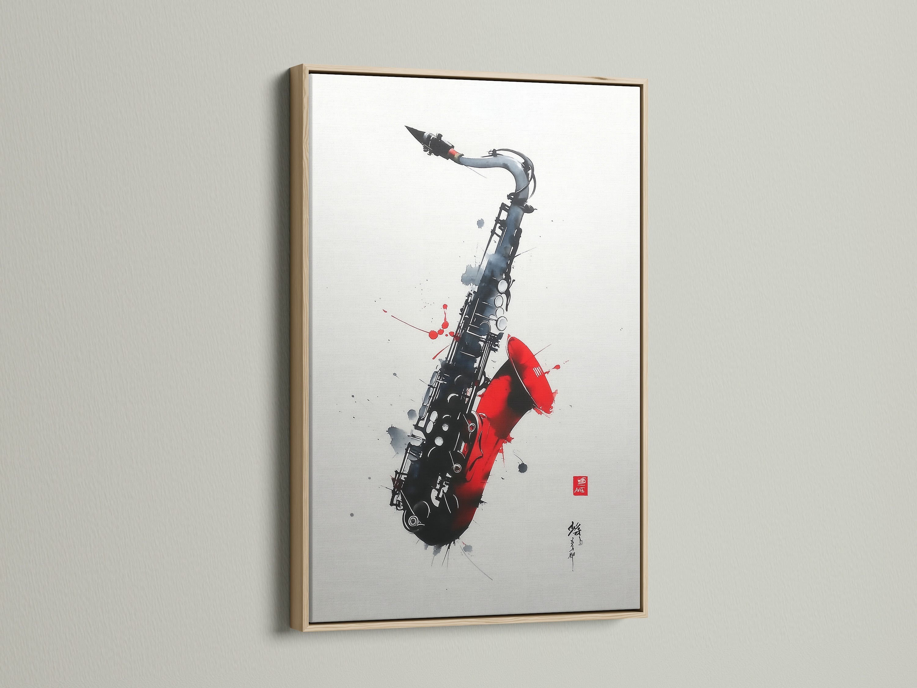 This jazz wall art is displayed in an oak frame. A stylish choice for any music lover. The saxophone canvas print adds a touch of elegance. This instrument wall art is perfect for a music room. A great gift idea.