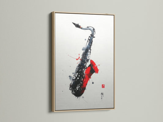 This jazz wall art is displayed in an oak frame. A stylish choice for any music lover. The saxophone canvas print adds a touch of elegance. This instrument wall art is perfect for a music room. A great gift idea.