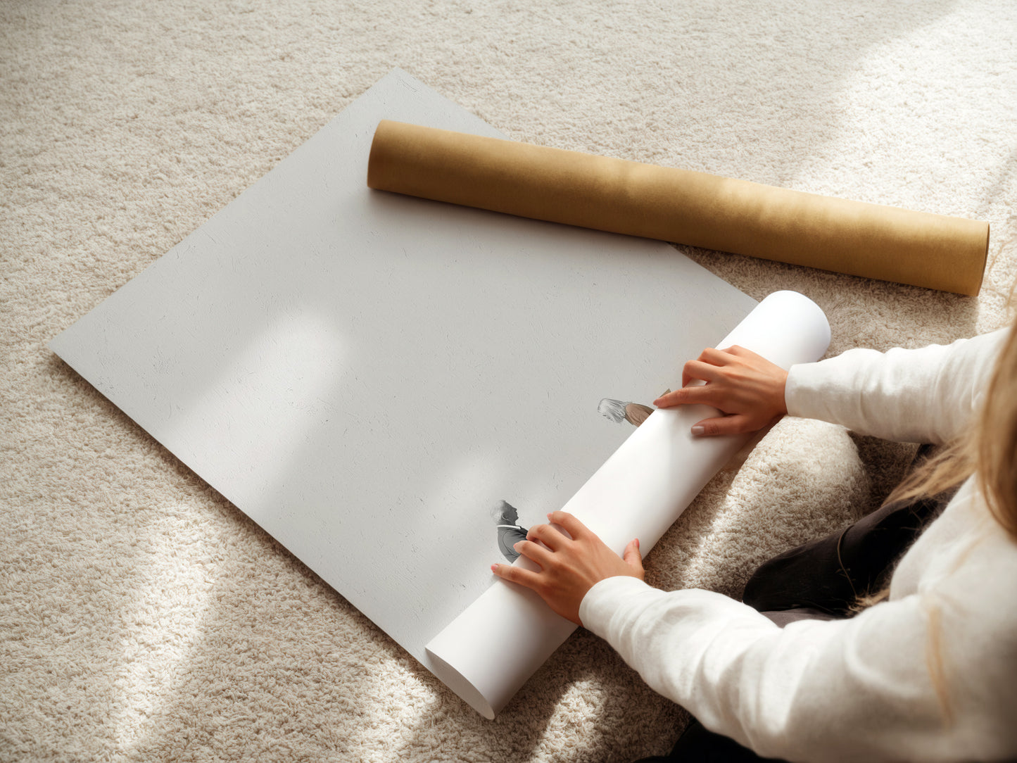 A woman rolls a fine art poster paper. This demonstrates the care and quality of our products. We ensure your artwork arrives in perfect condition. Our fine art poster paper enhances the artwork's detail. Enjoy the beauty of minimalist art in your home or business today.