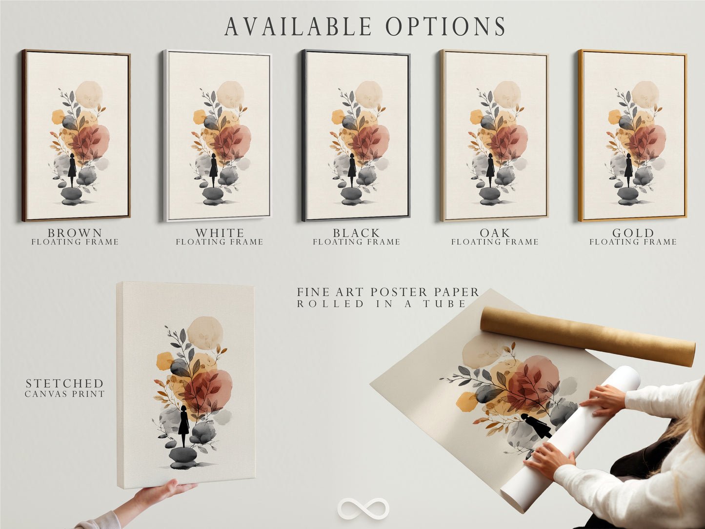 Abstract Botanical Art Print - Minimalist Woman Silhouette, Neutral Tones Wall Decor, Modern Nature Artwork, Boho Home Decor