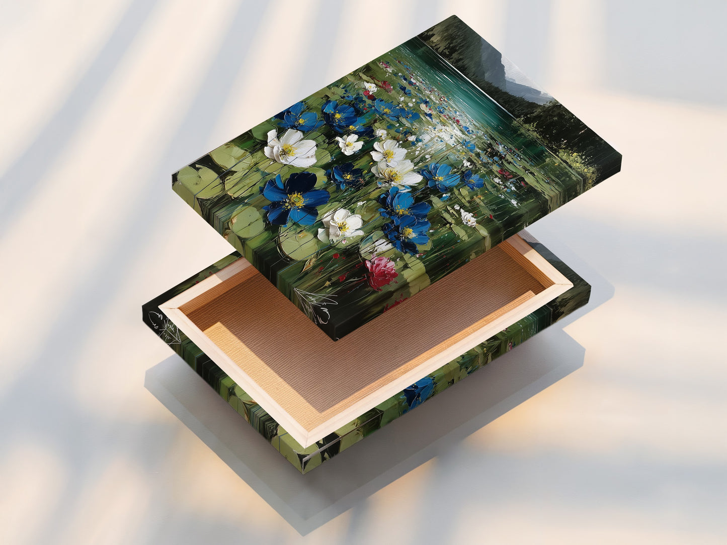 A stretched canvas print showcases the floral artwork. The stretched canvas print creates a gallery-wrapped look. It is ready to hang and enjoy. This is ideal for living room wall art.