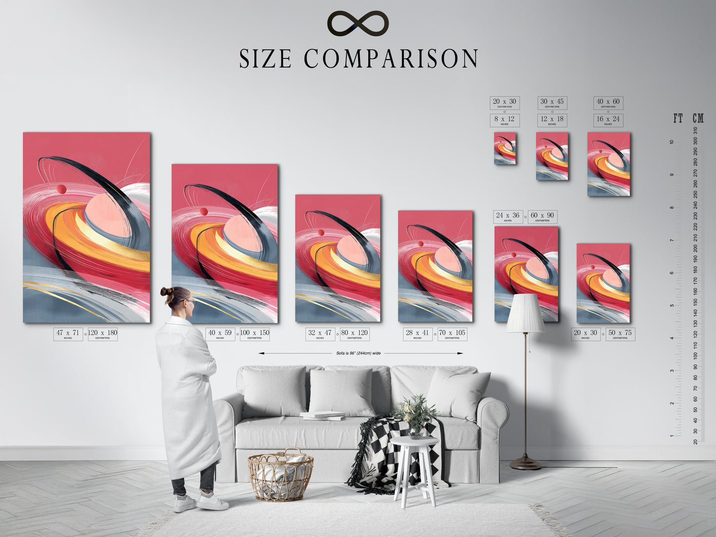 Size comparison chart displayed in an interior setting. Visualize the perfect scale for your abstract swirl art. Available in various sizes to suit any space. Find the ideal fit for your wall decor needs.