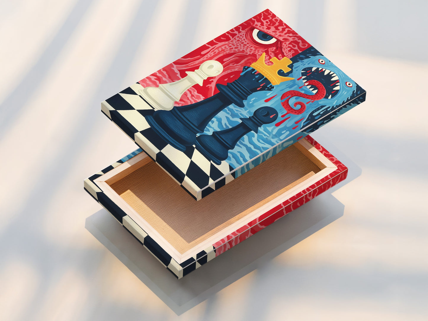 A stretched canvas print featuring chess-themed monster game art. The artwork is ready to hang and instantly enhances any space. The strategy board poster is perfect for game rooms or offices. This geeky art statement piece is eye-catching.