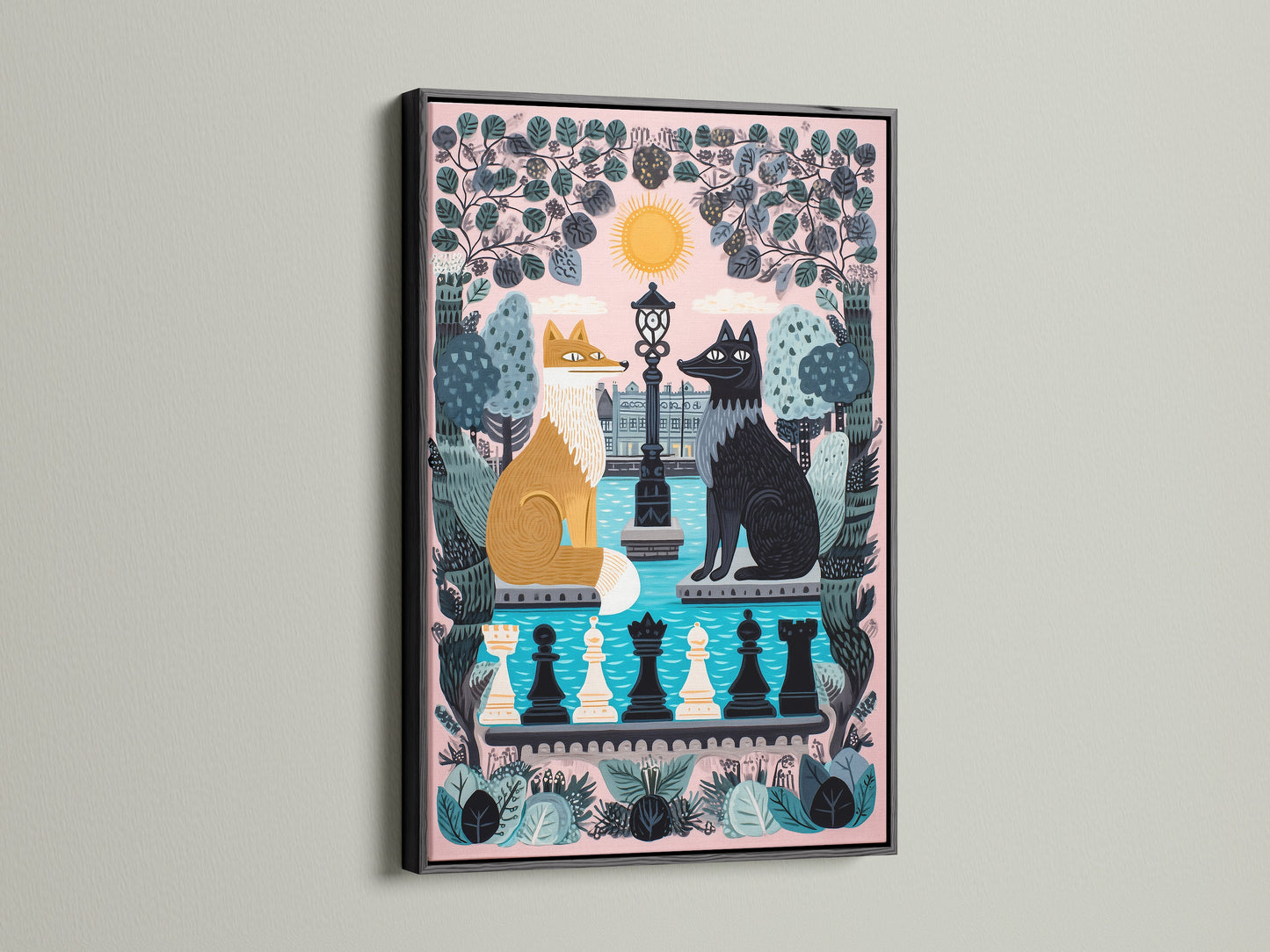 The Fox and Wolf Canvas Print is elegantly framed in black. This chess art piece is a whimsical addition to any kids room. The fable artwork features a charming pink pastel palette. It's an ideal animal art print for nursery wall decor. Perfect for those who appreciate cute and contemporary storybook art.
