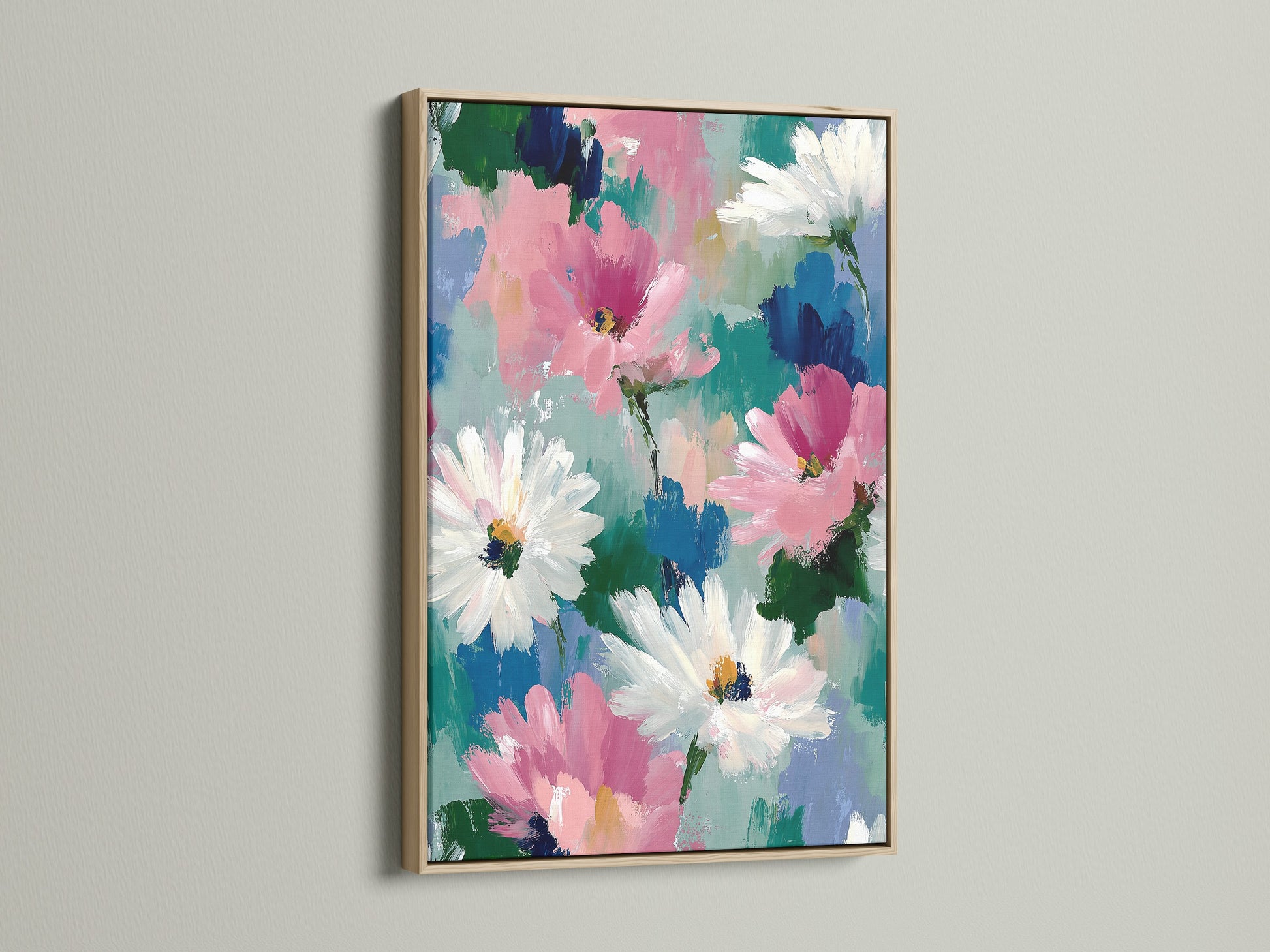 Enhance your home with this abstract floral art. The pink and white daisy artwork is showcased in a natural oak frame. This botanical canvas print adds a touch of contemporary style to any room. Perfect as living room or bedroom wall decor.